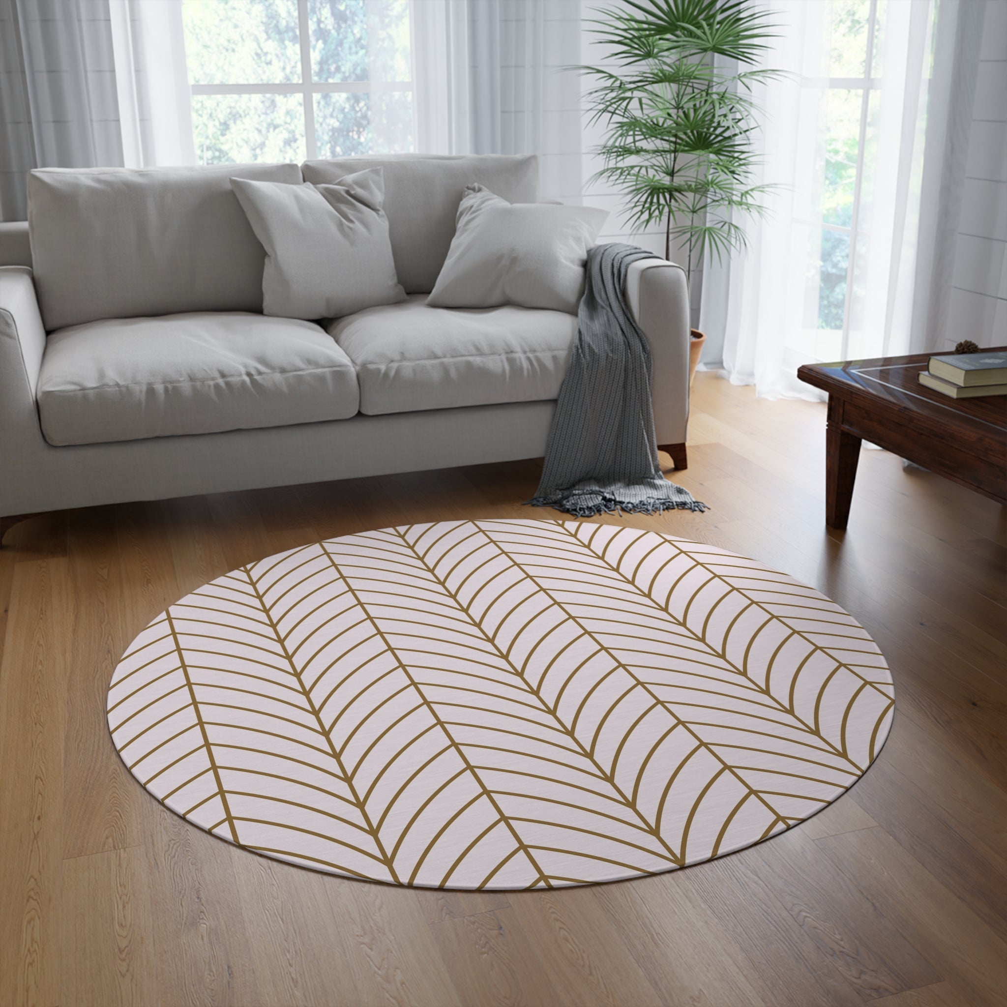 Geometric Round Area Rug | Art Deco Blush Pink, Beige