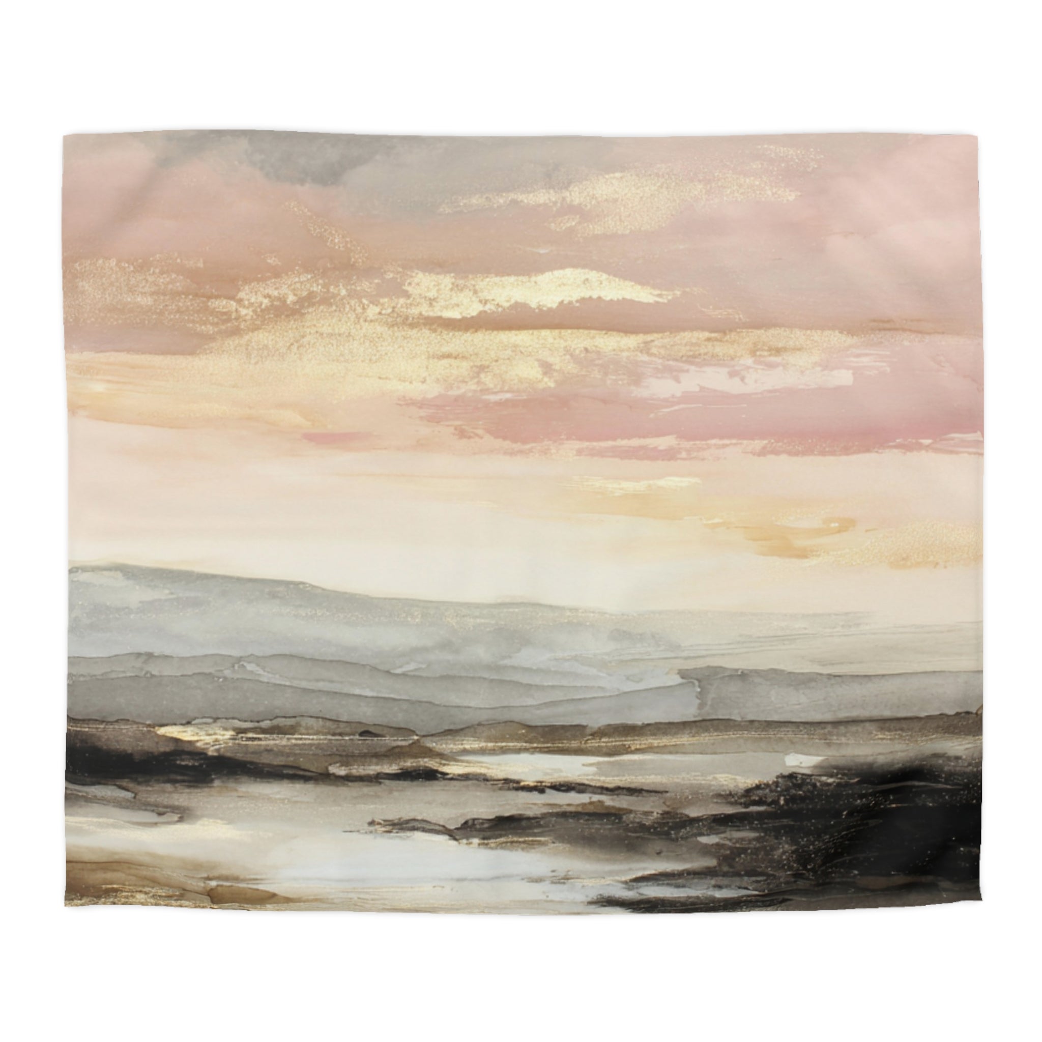 a serene landscape with a vast, open sky and a calm body of water in the foreground.