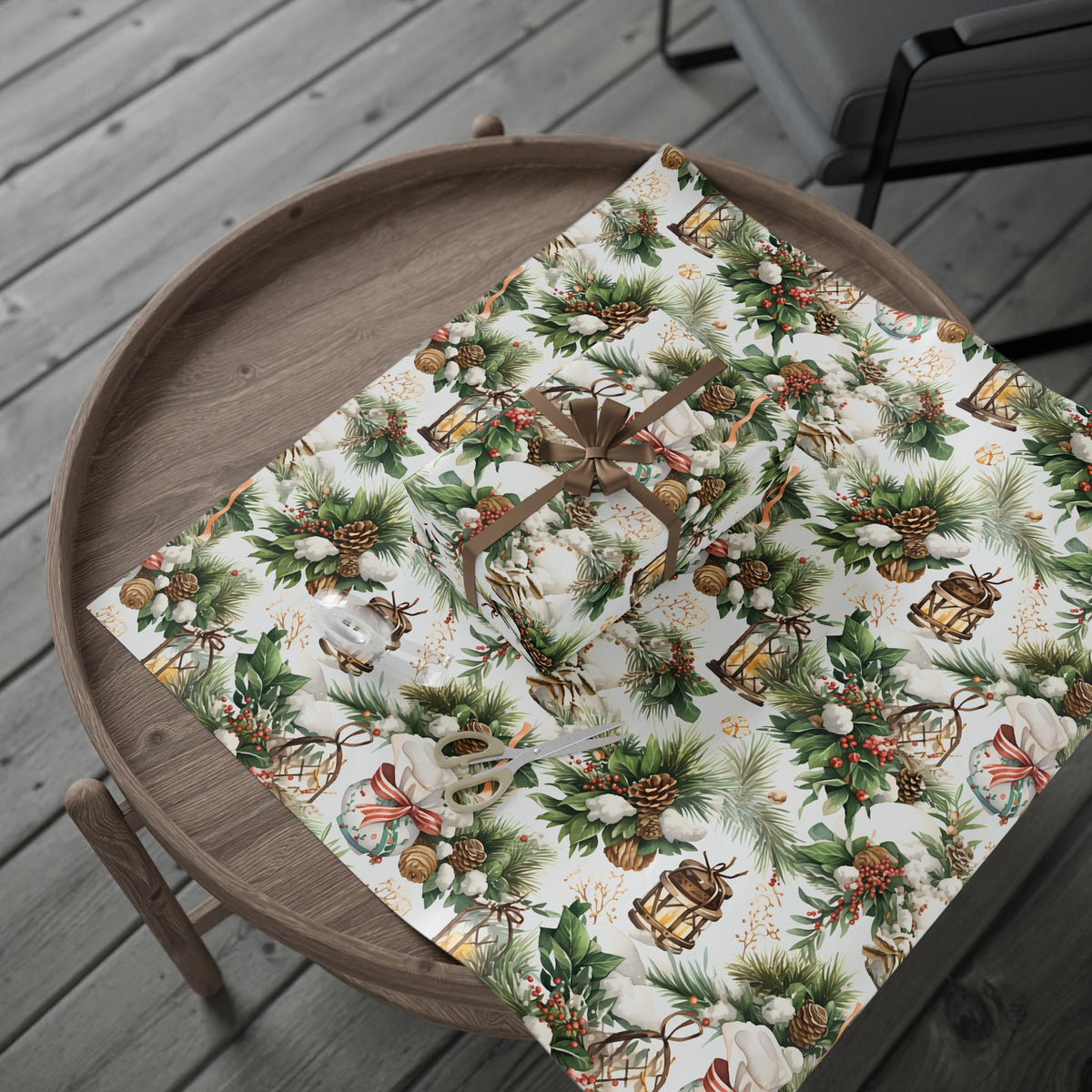 Pine Cone Lantern Greenery Christmas Wrapping Paper, Gift Wrap
