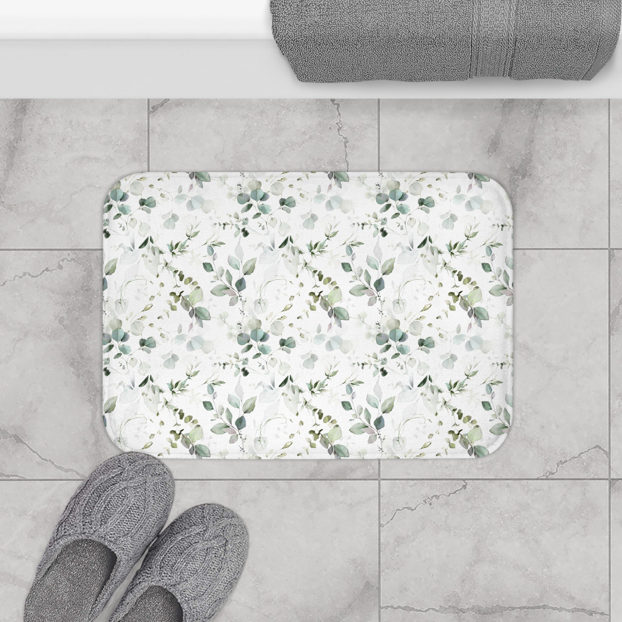 Floral Bath, Kitchen Mat | White Sage Green Leaves