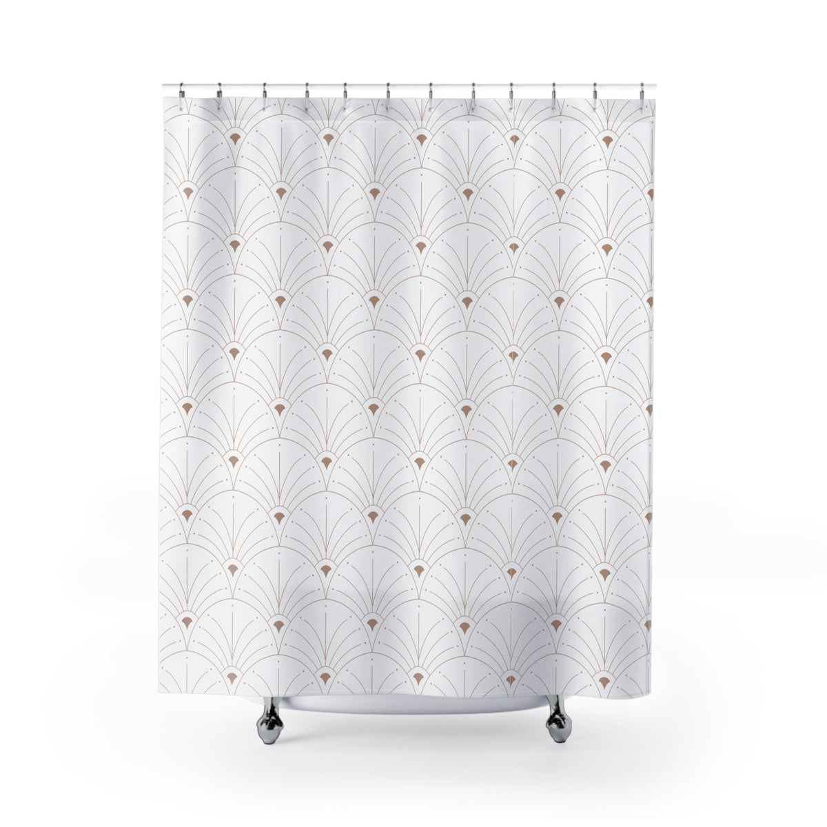 a shower curtain with a repeating pattern of brown lines and circles, creating a visually appealing design.