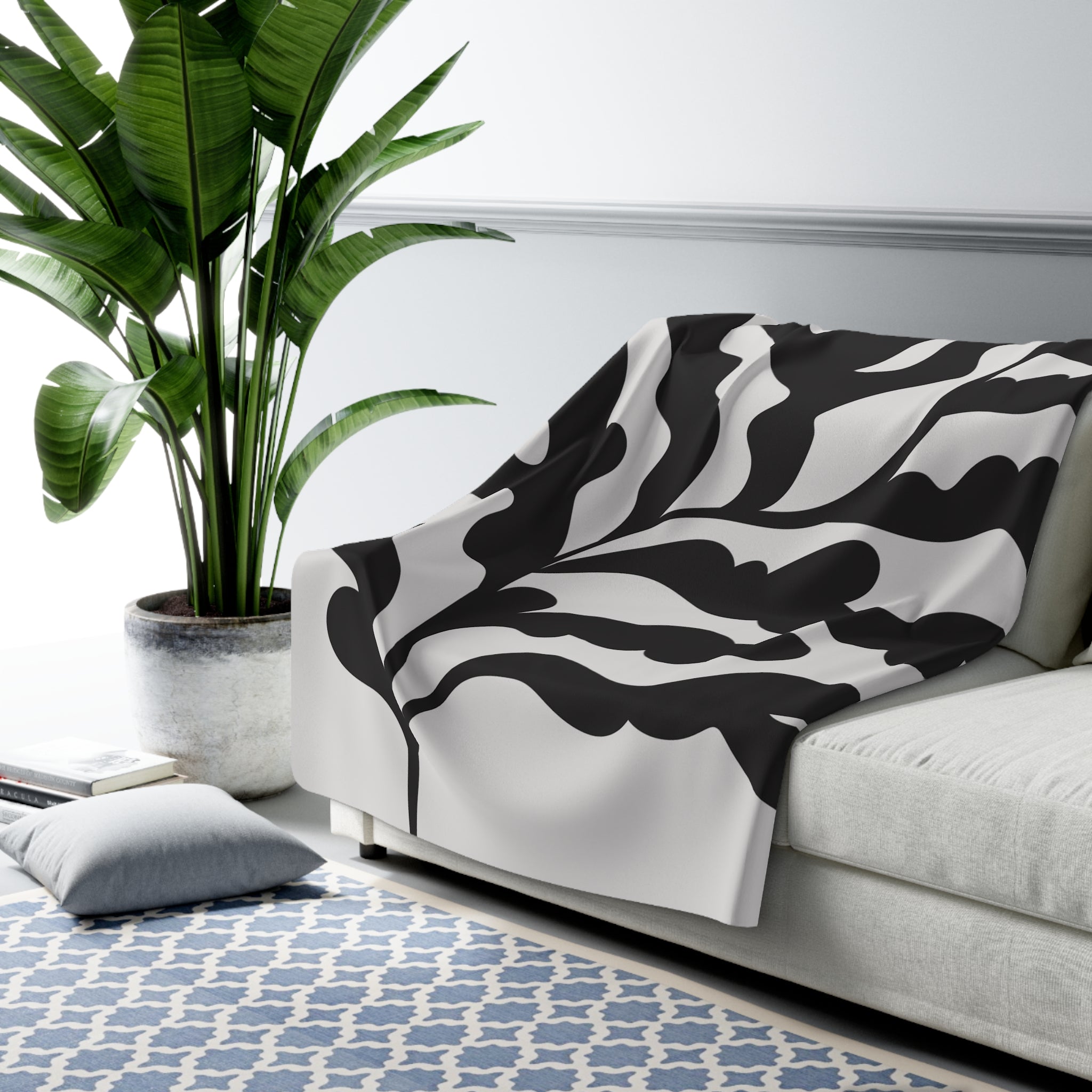 Abstract Boho Couch, Fleece Throw Blanket | Black Grey Leaves