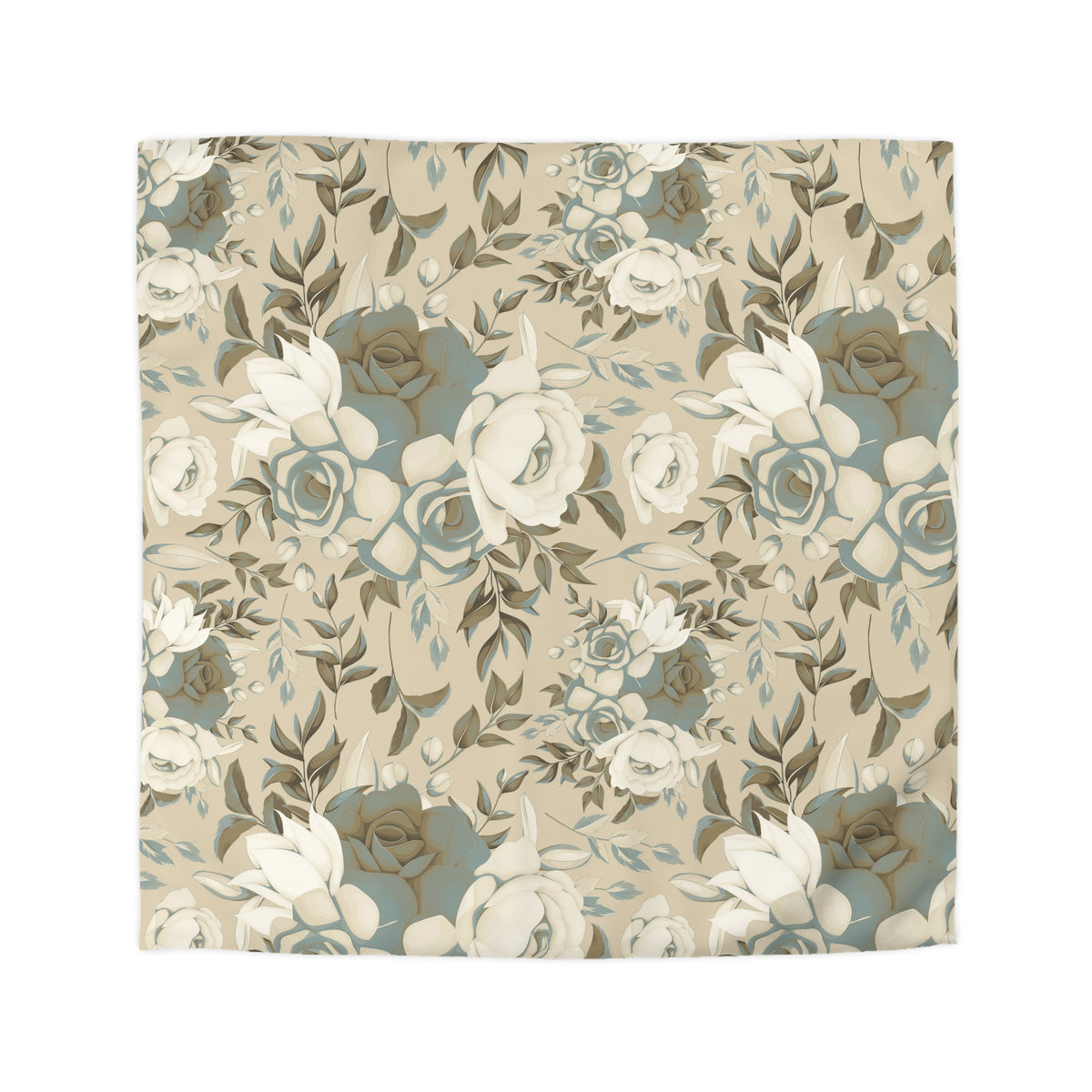 a repeating floral pattern with various shades of white, beige, and brown flowers and leaves.