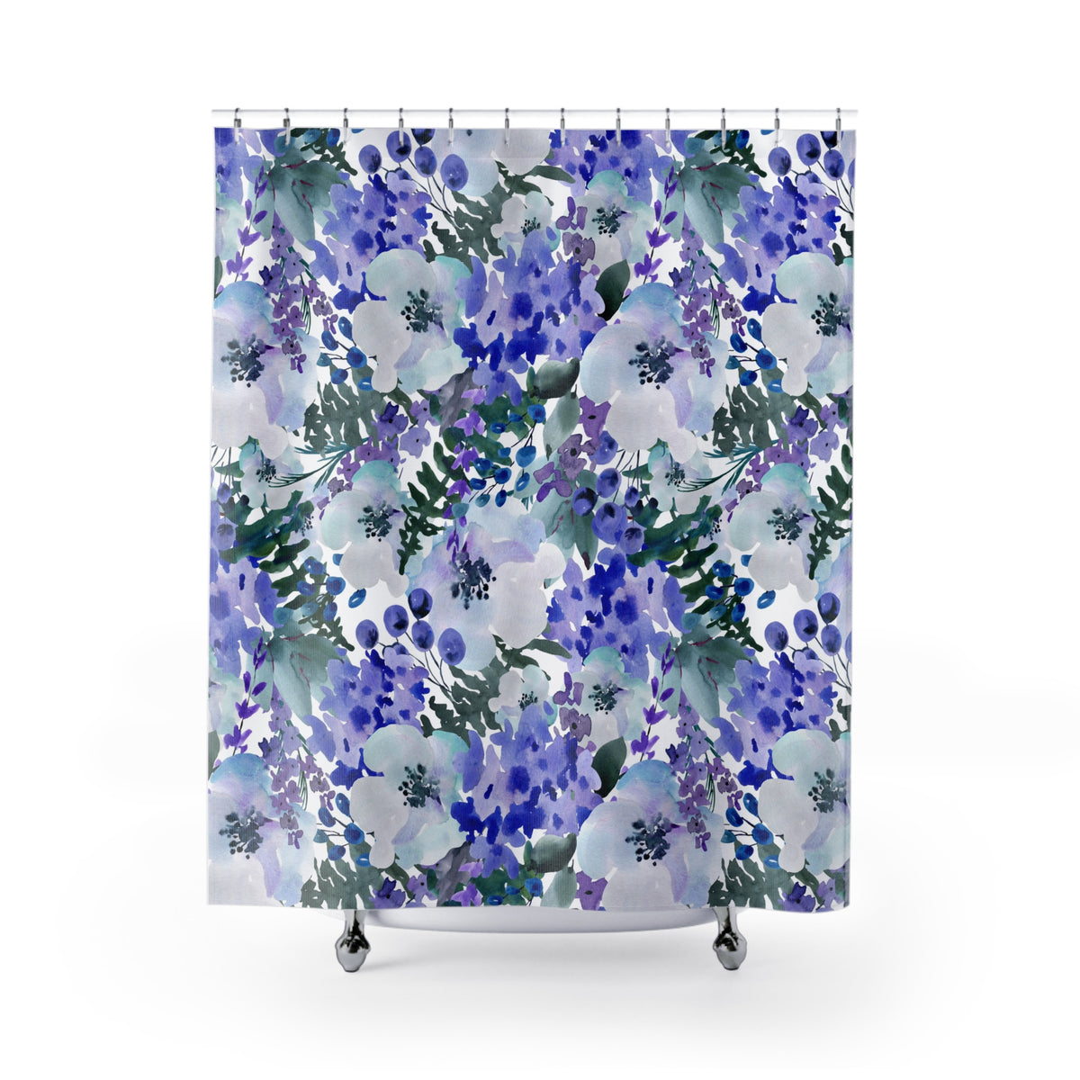 Cobalt Violet Watercolor Floral Shower Curtain, Bath Curtain 71x74