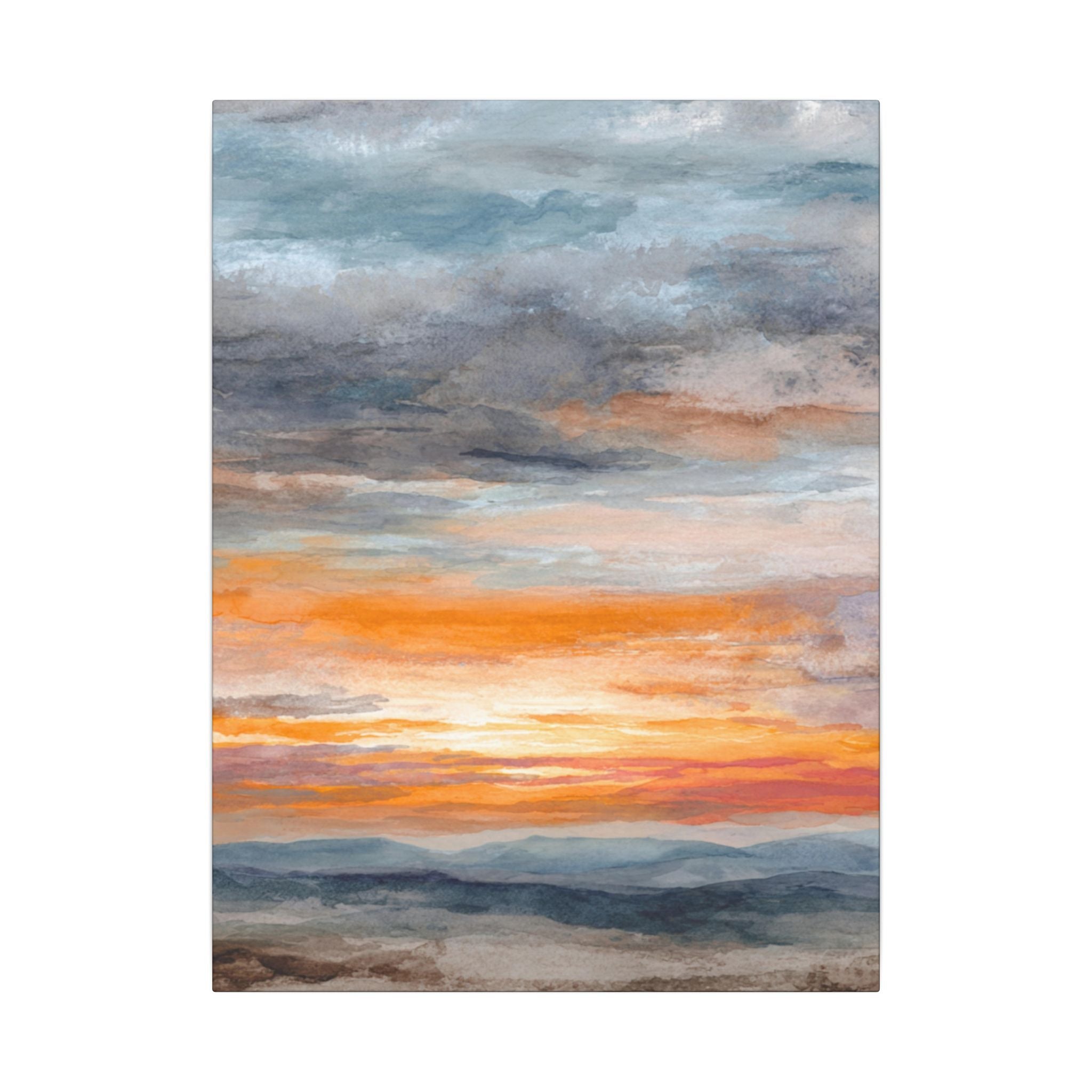 a serene landscape with a vibrant sunset over a mountainous terrain.