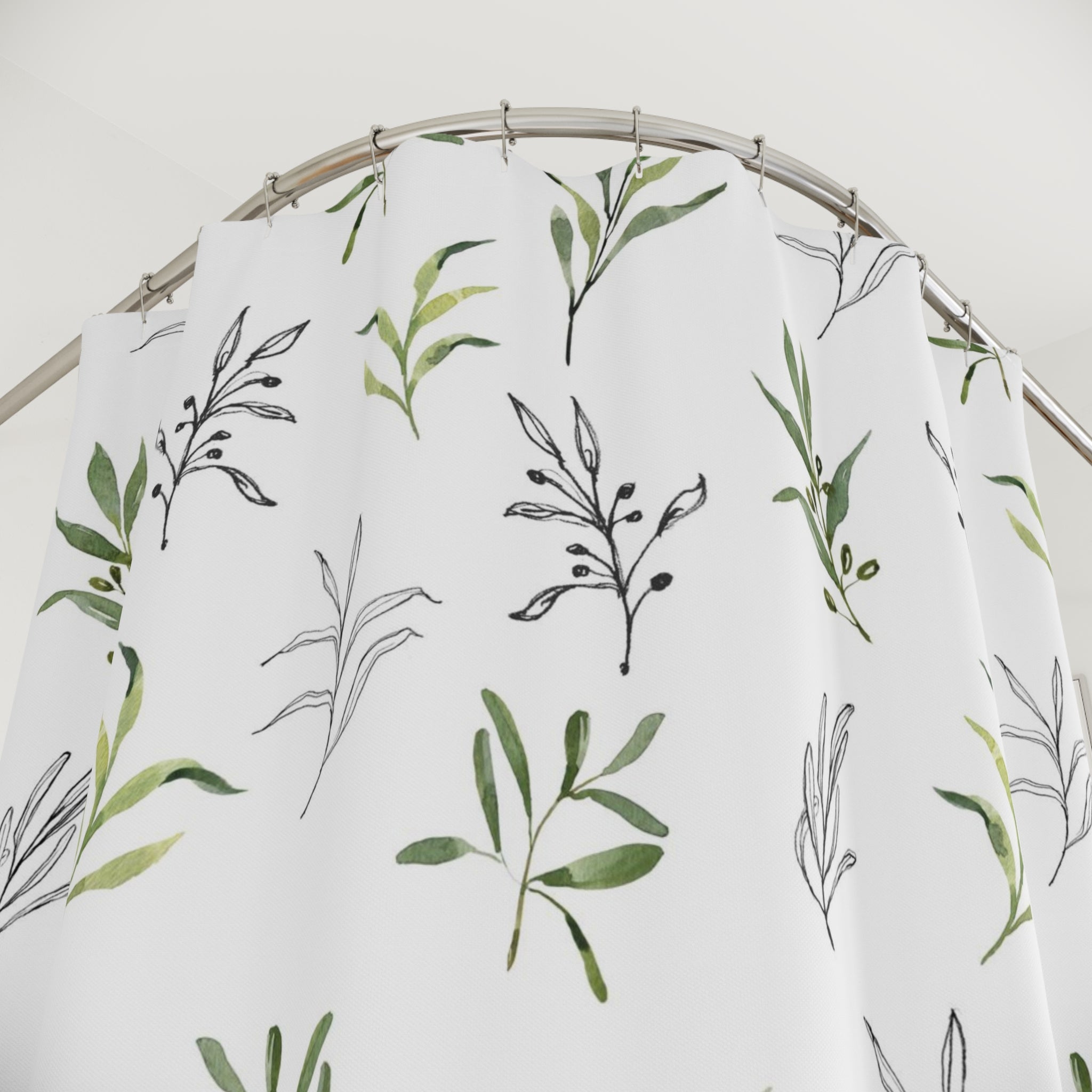 Boho Shower Curtain | Green White Black Line Art Leaves