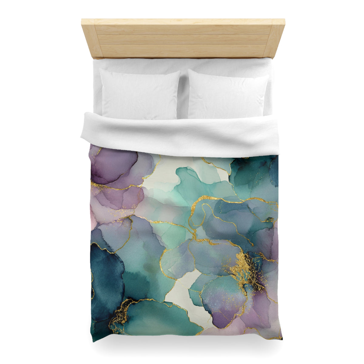 a bed with a colorful, abstract floral pattern on the comforter.