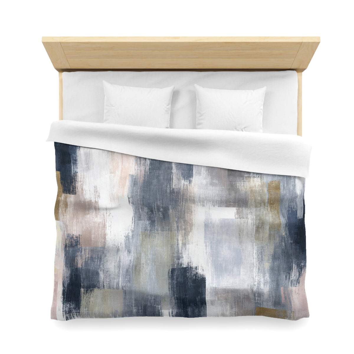 a bed with a wooden headboard and a white comforter featuring an abstract painting design in shades of blue, gray, and white.