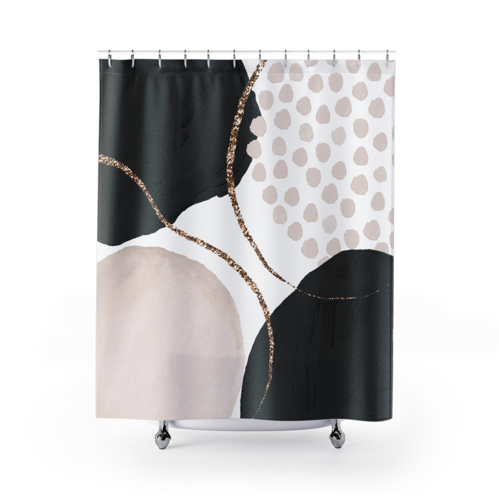 a shower curtain with a black and white design