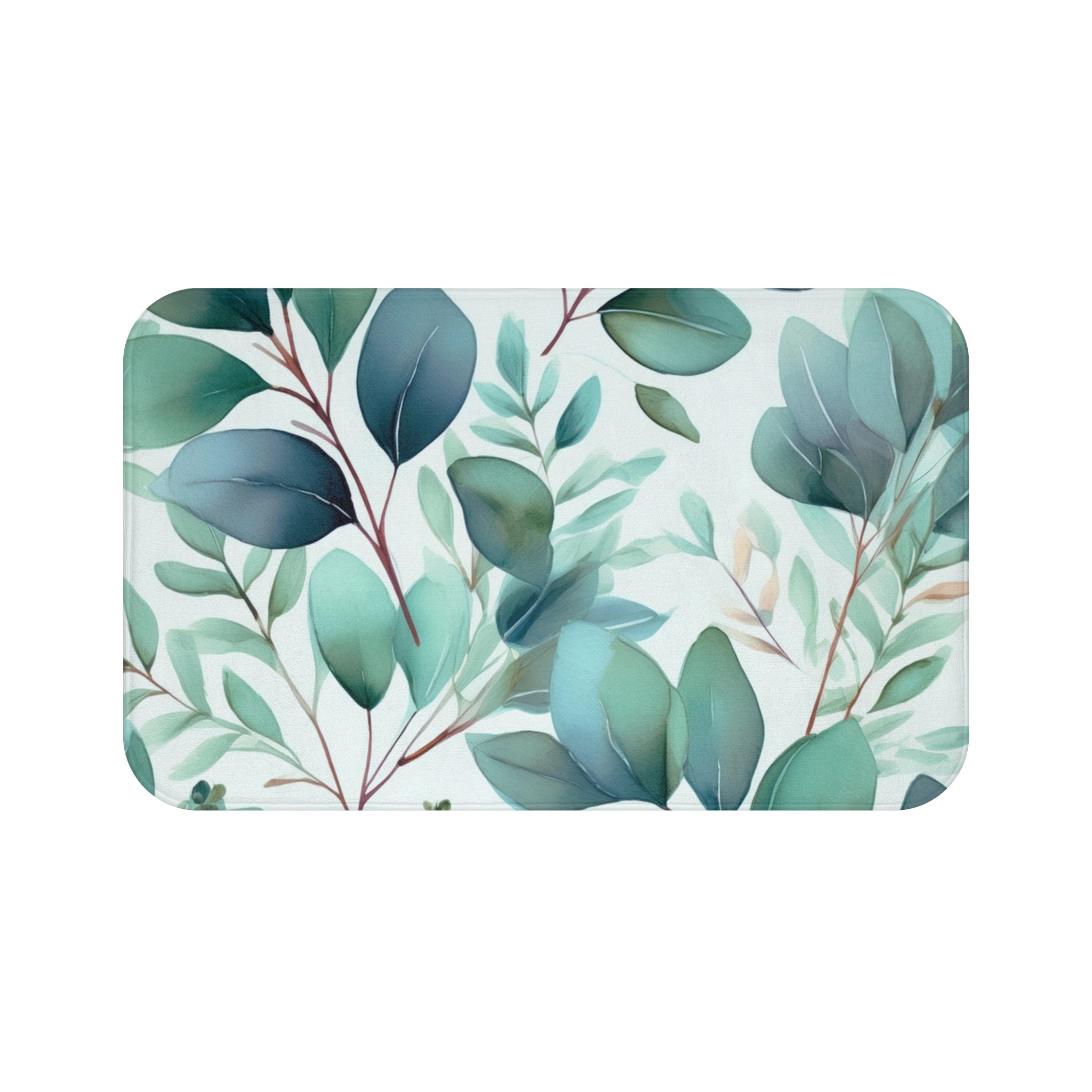 Green Leaves Bath Mat | Teal Blue White Colorful Kitchen Mat