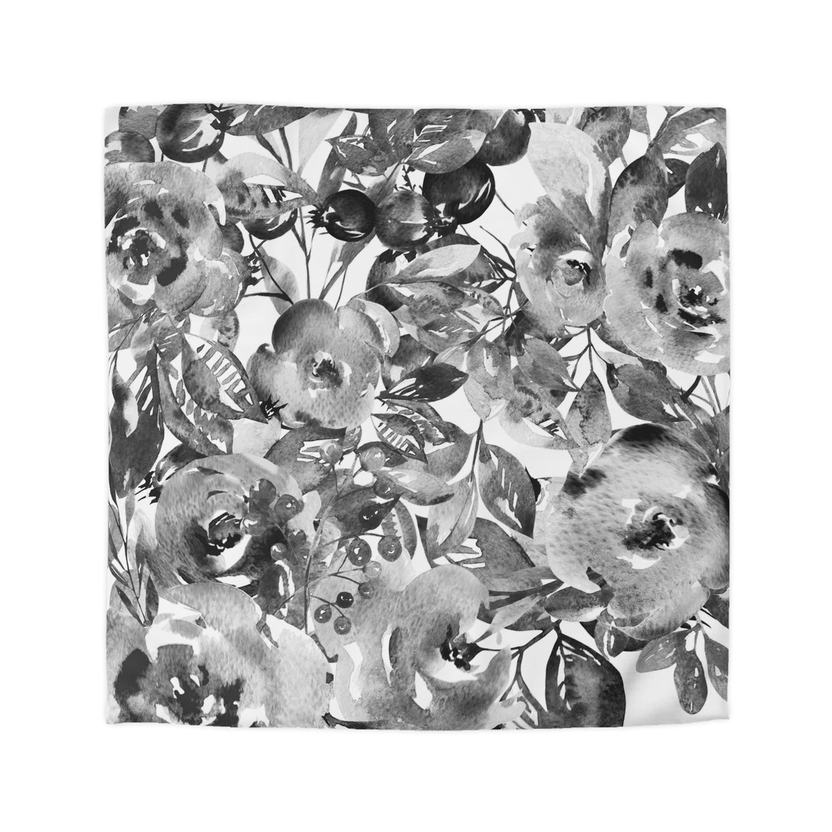 The image is a black and white collage featuring a variety of flowers and leaves in different shapes and sizes, creating a visually striking and intricate pattern.