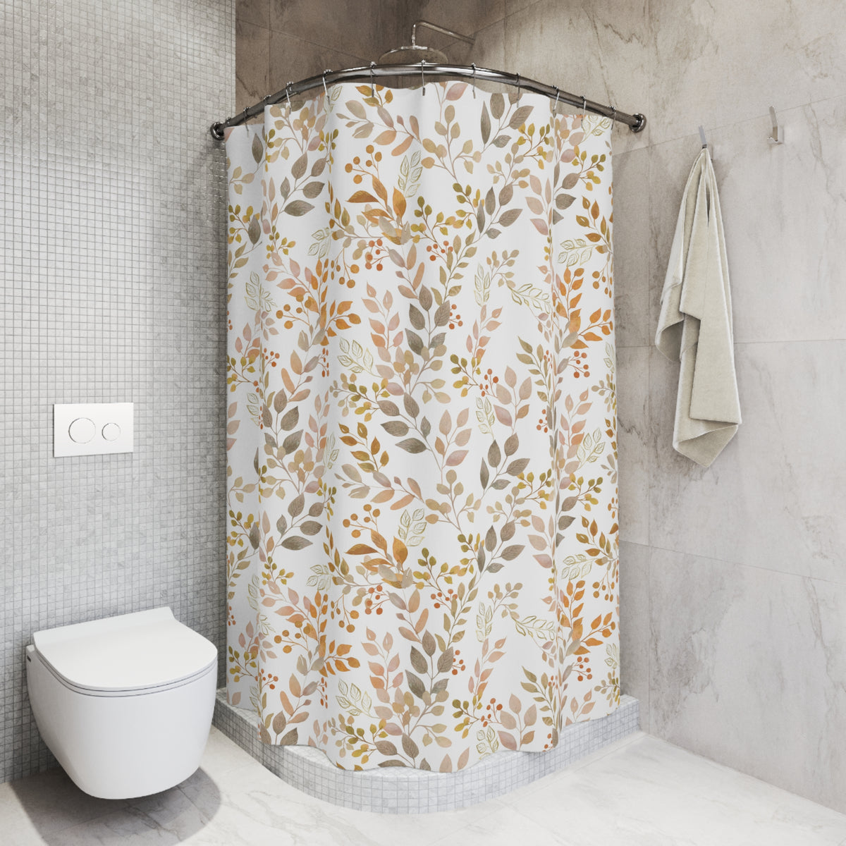 a bathroom with a shower curtain featuring a floral pattern in shades of brown and orange. The shower area is adjacent to a toilet, and there is a towel hanging on a hook nearby. The overall color scheme of the bathroom is neutral, with gray tiles on the walls and a white toilet.