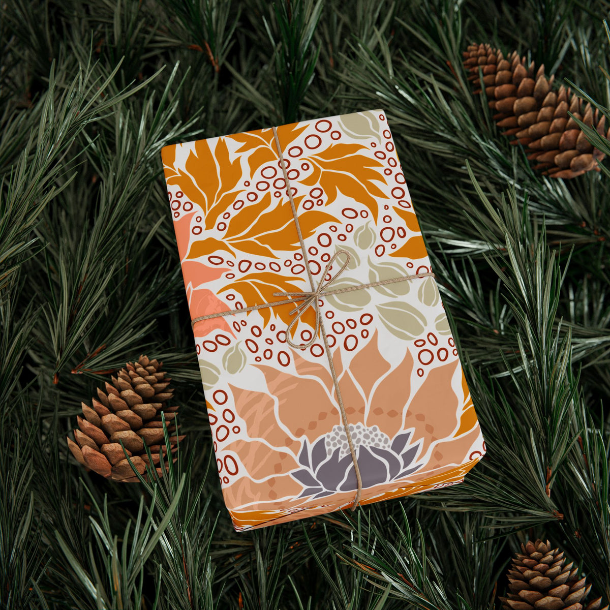 Mustard Peach Retro Floral Wrapping Paper, Fall Gift Wrap