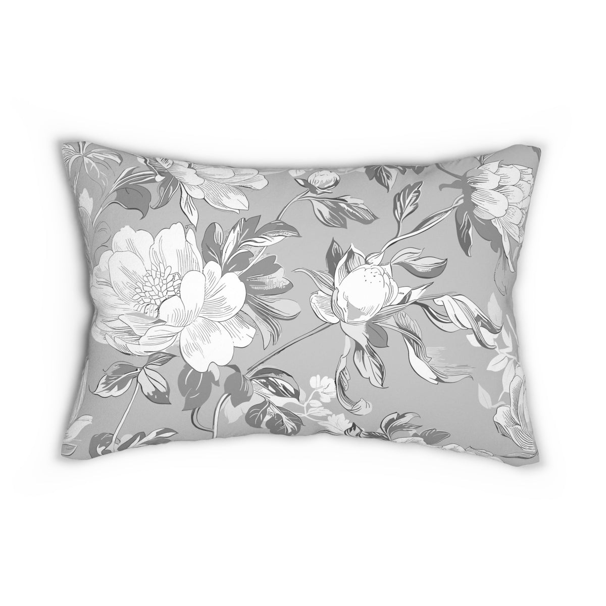 A gray and white floral patterned pillow with a repeating design of large white flowers and leaves.