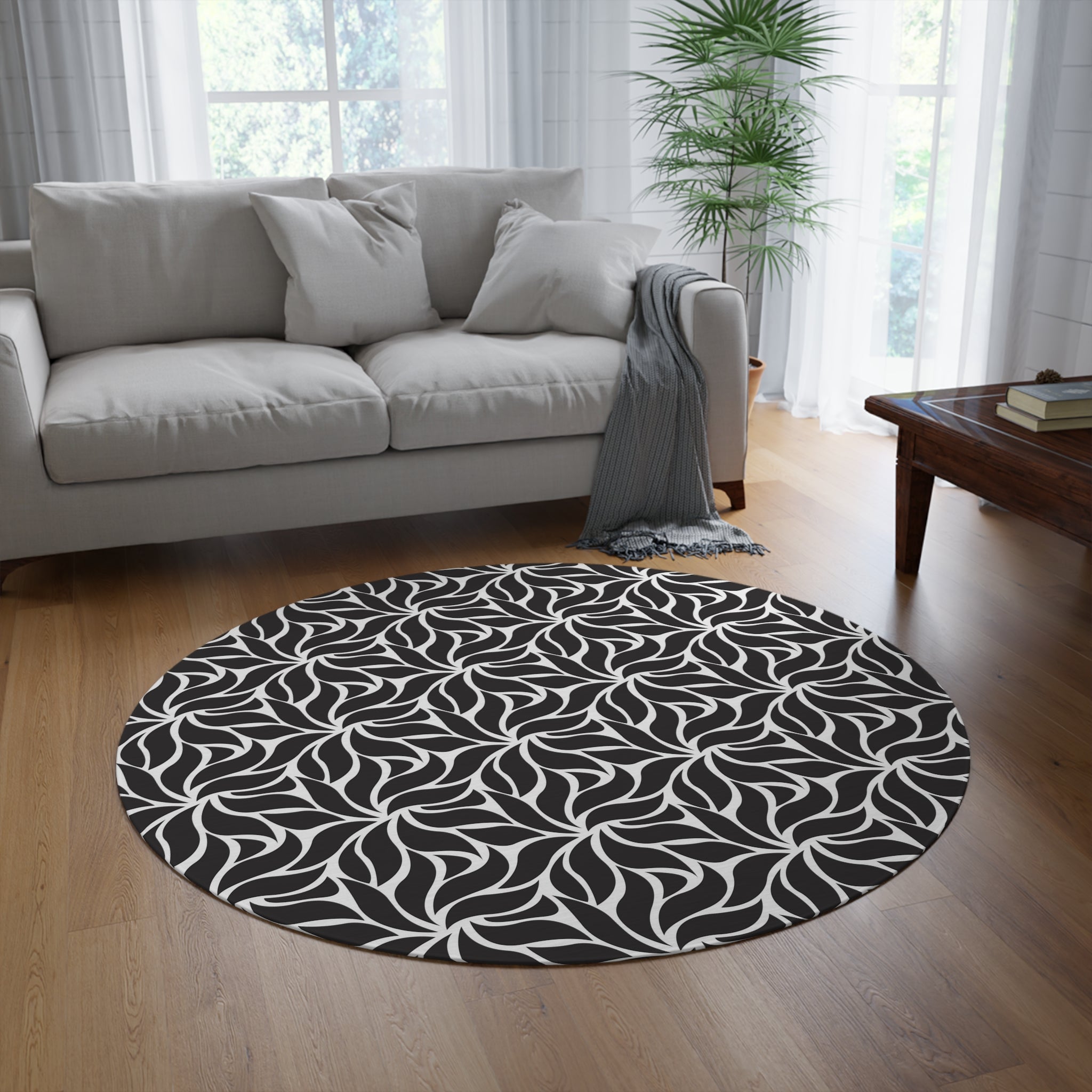 Round Area Rug | Black White, Abstract Floral