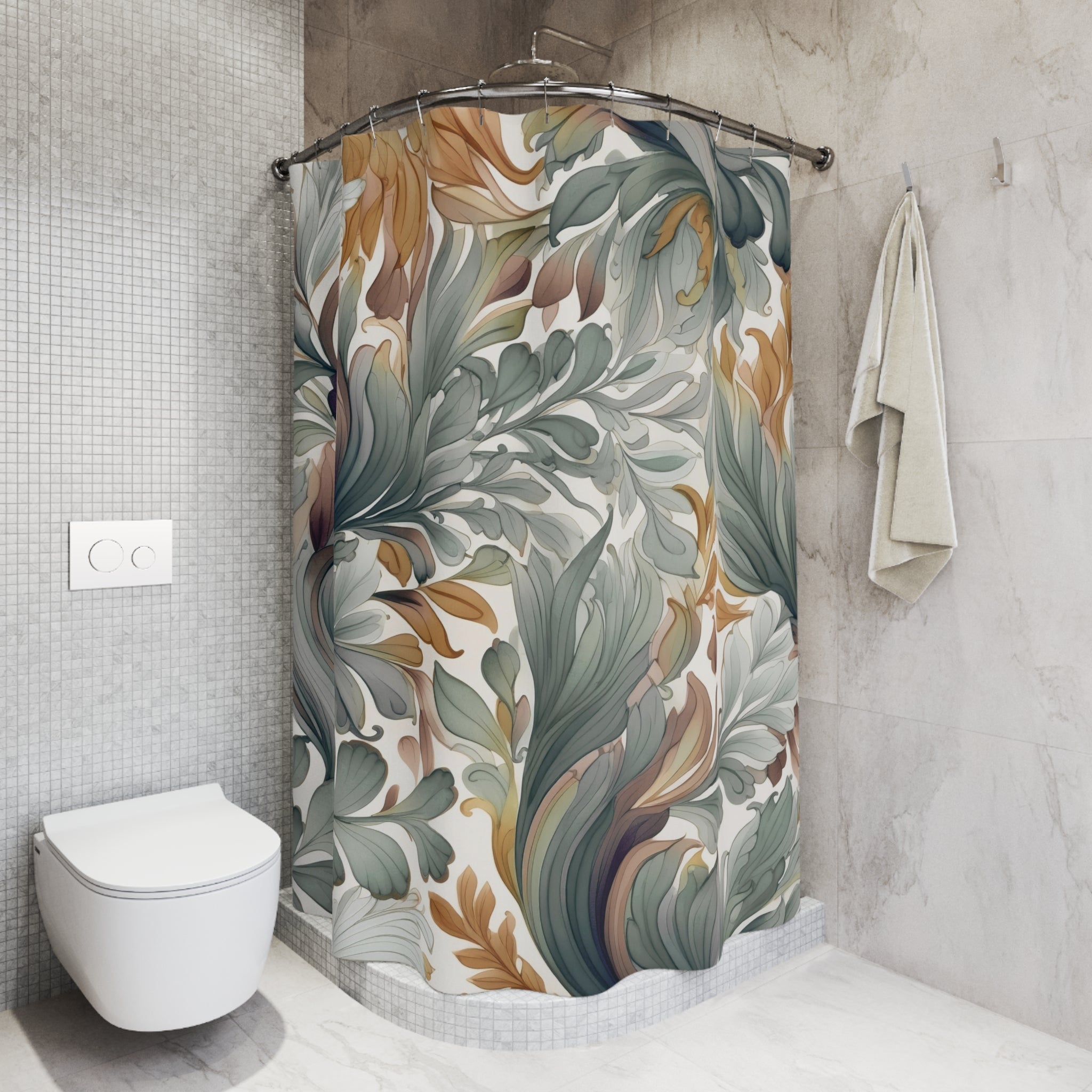 Whimsical Boho Shower Curtain | Grey Beige Abstract Leaves