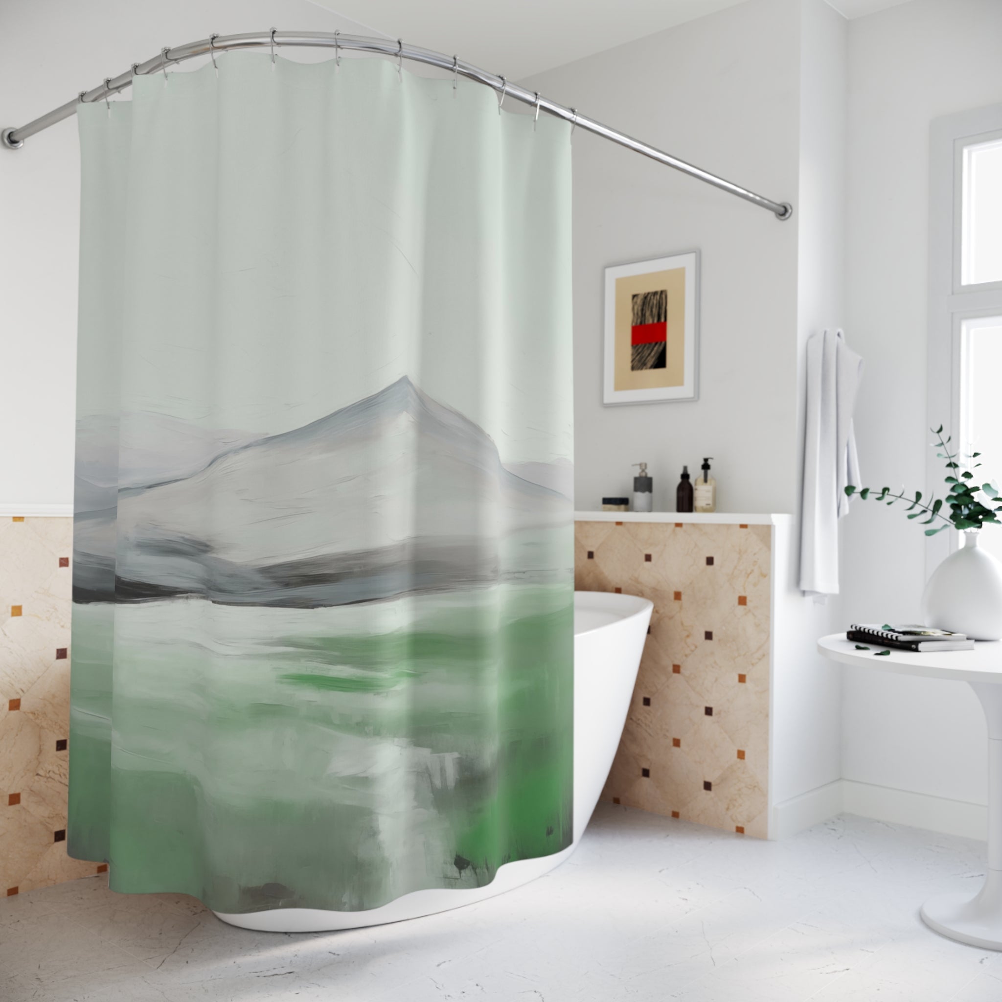 Boho Shower Curtain | Sage Green Landscape Fabric Curtain