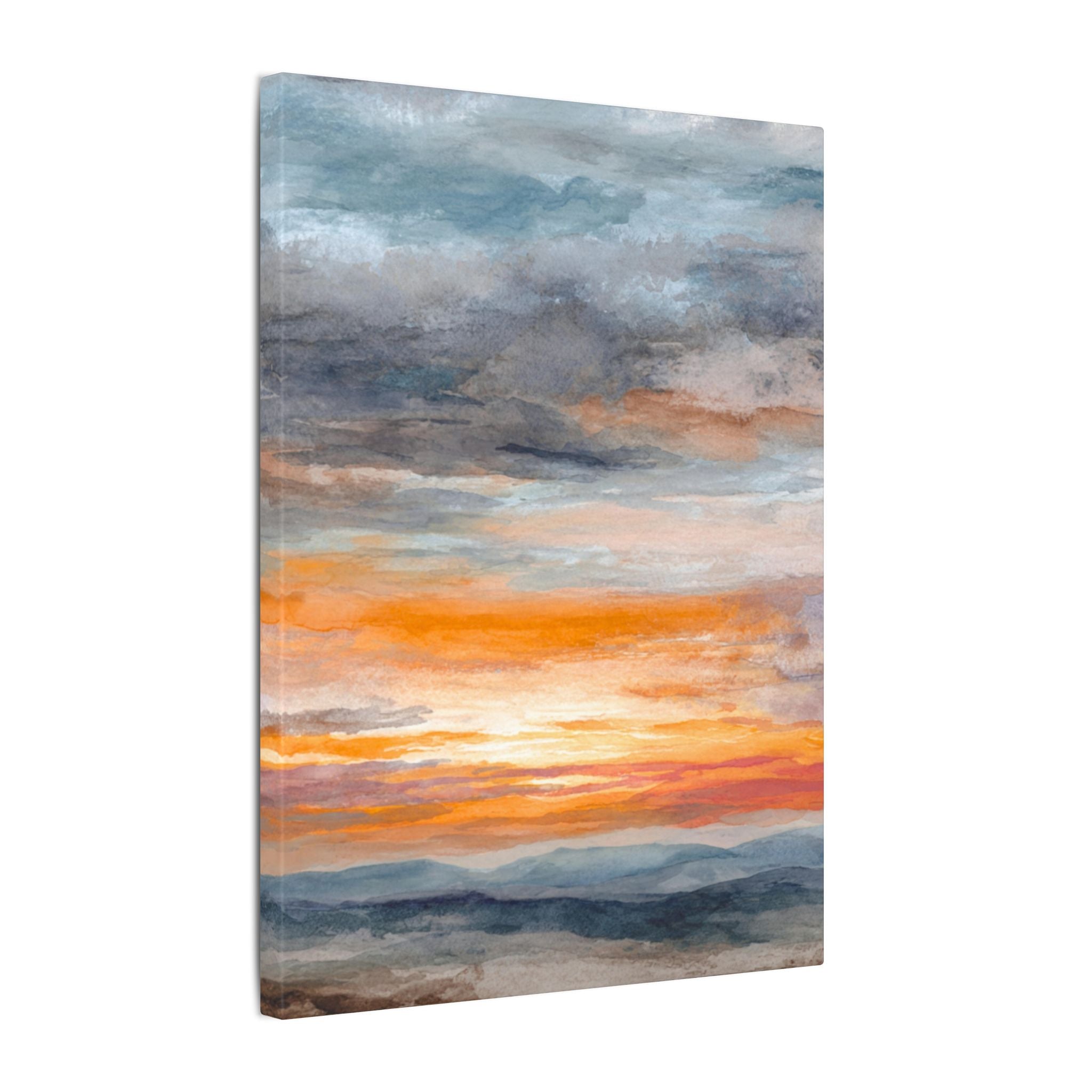 The image is a painting depicting a serene landscape with a vibrant sunset over a mountainous terrain.
