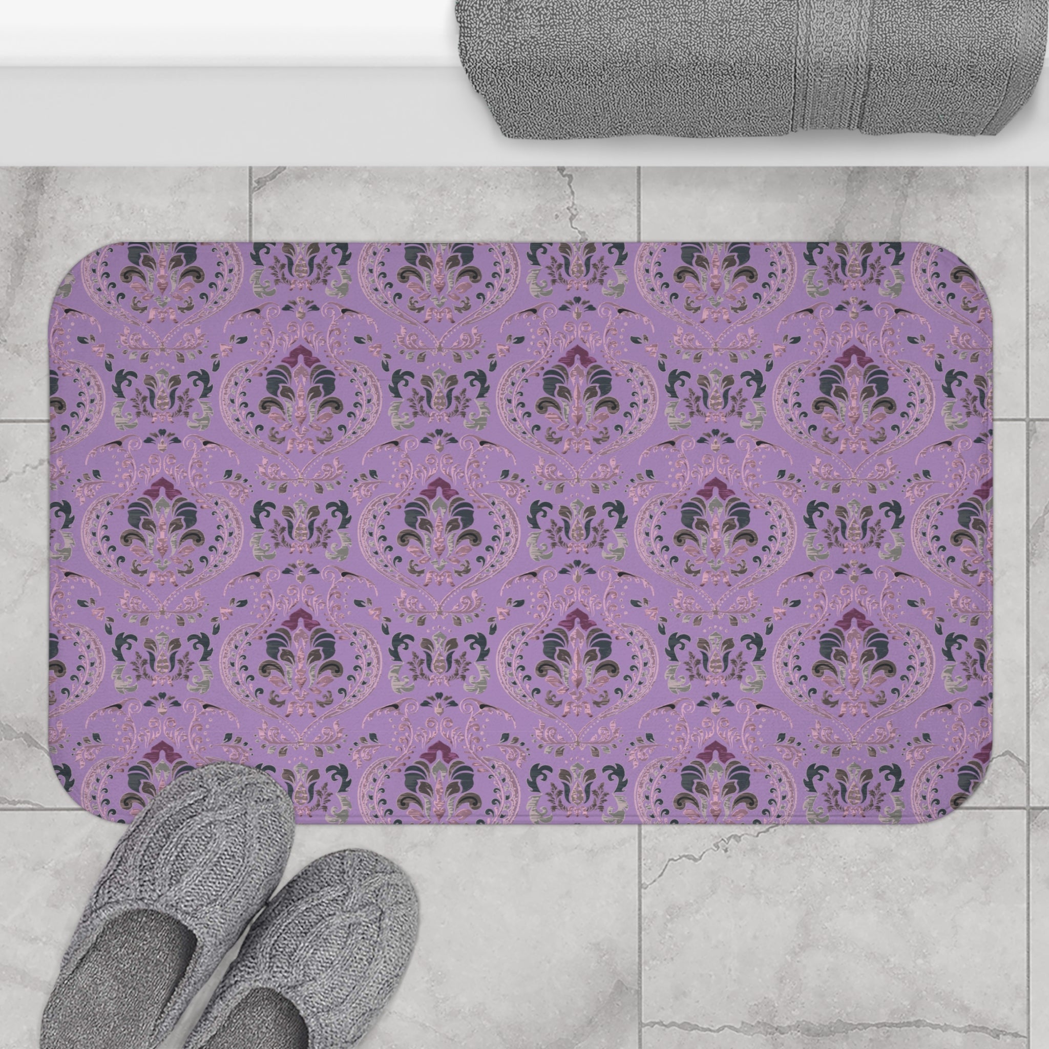 Damask Bath Mat | Lilac Lavender Purple Kitchen Mat