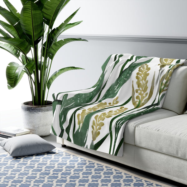 Cozy Comfy, Floral Blanket | Sage Green, White Leaves