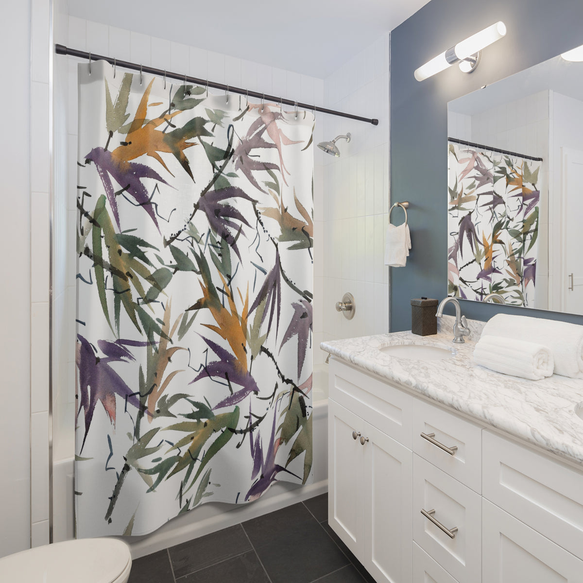 Olive Purple Bamboo Leaf Shower Curtain, Bath Curtain 71x74