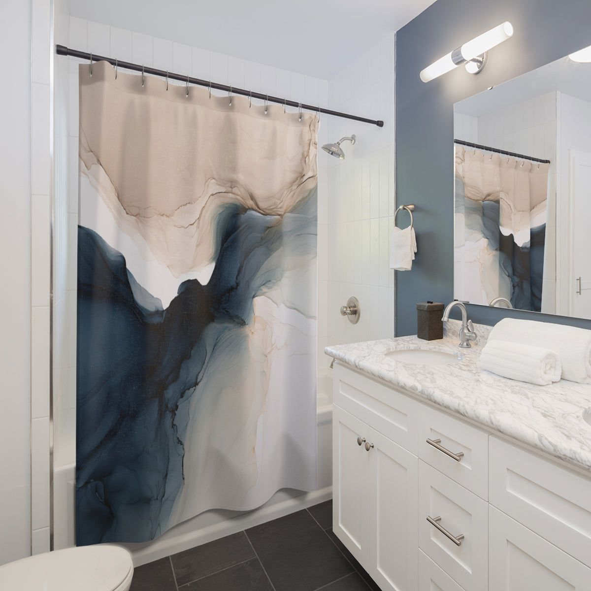 a bathroom with a shower curtain and a sink