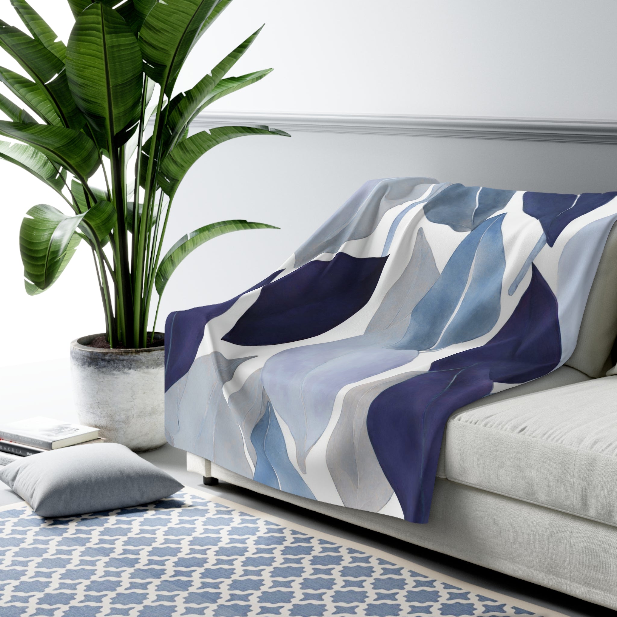 Abstract Floral Throw Blanket | Blue White Leaves Watercolor