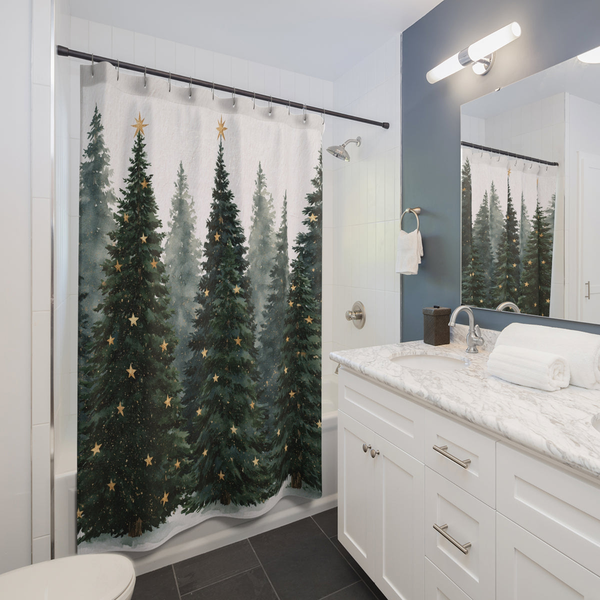 Starry Evergreen Christmas Tree Shower Curtain, Bath Curtain 71x74