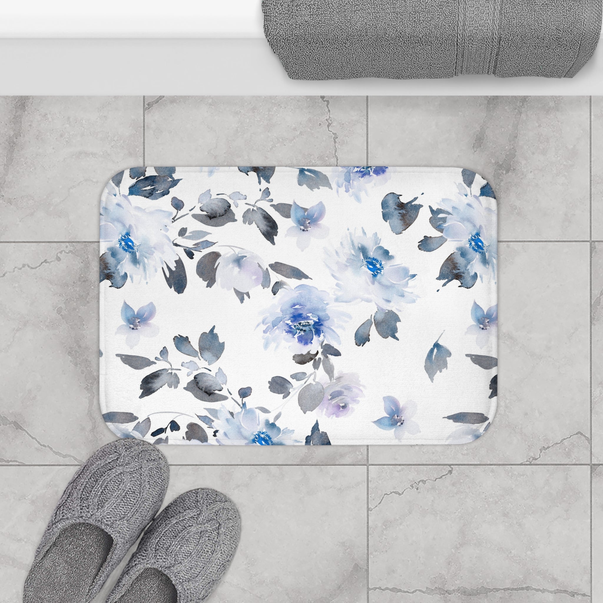 Floral Bath Mat | White Blue Kitchen Mat