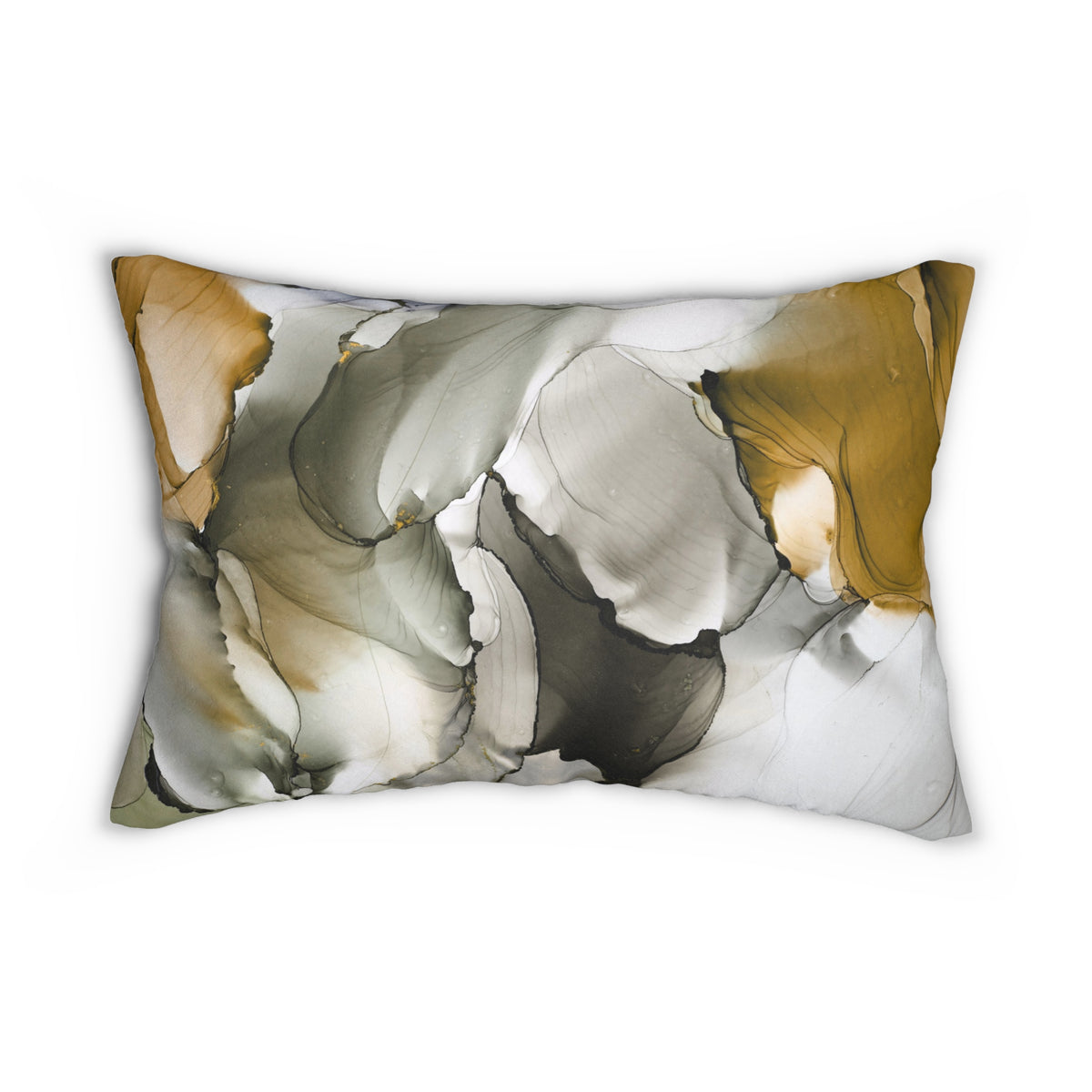 Mustard Olive Gray Abstract Alcohol Ink Lumbar Pillow