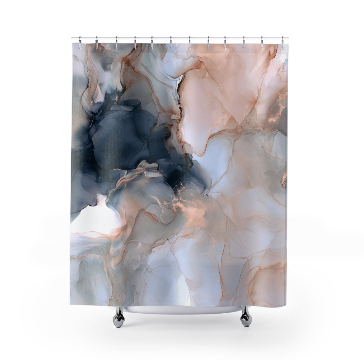 a shower curtain with a marble-like abstract pattern in shades of blue, pink, and gray.