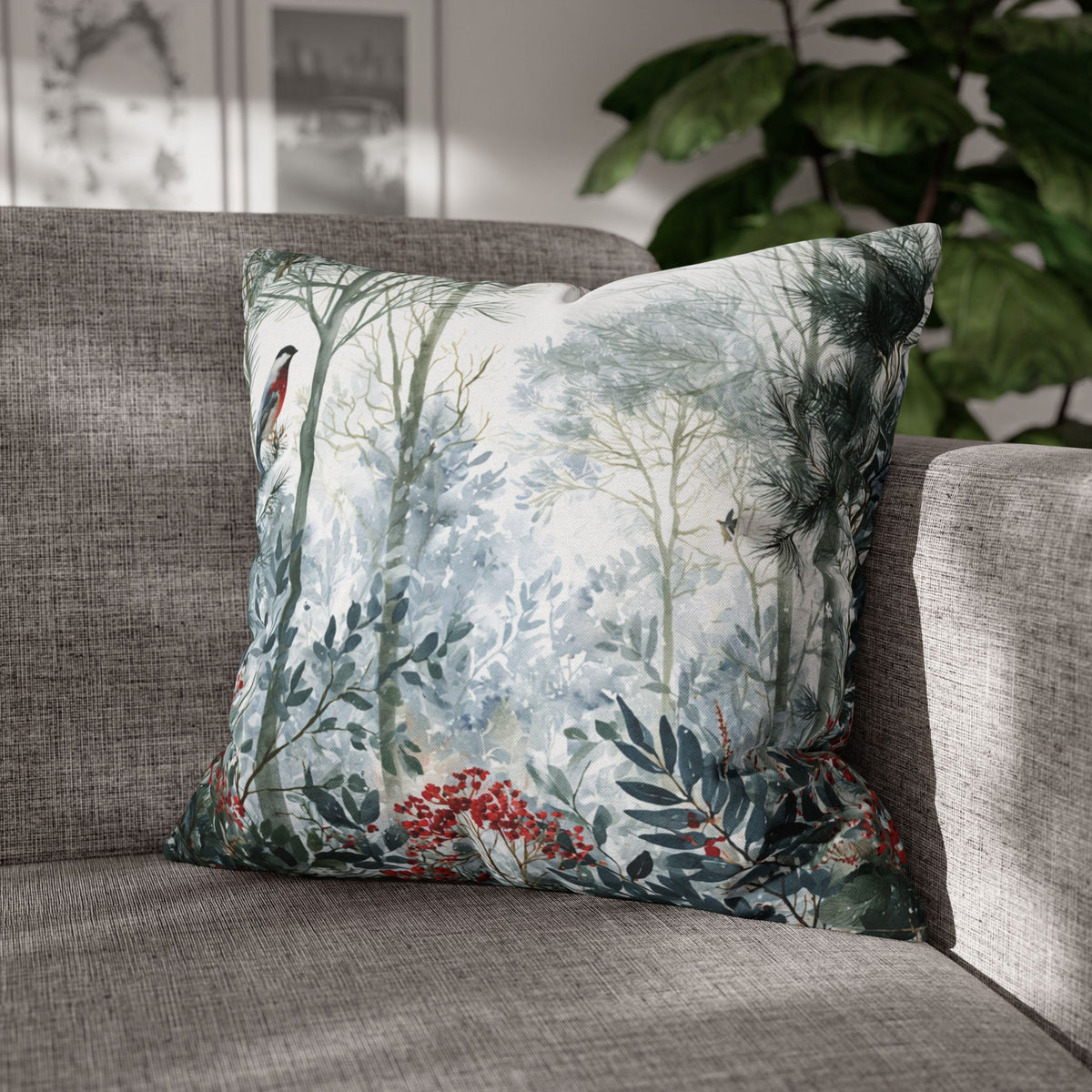 Forest Bird Pillow Cover | Green Teal Red Berry Woodland Pillowcase