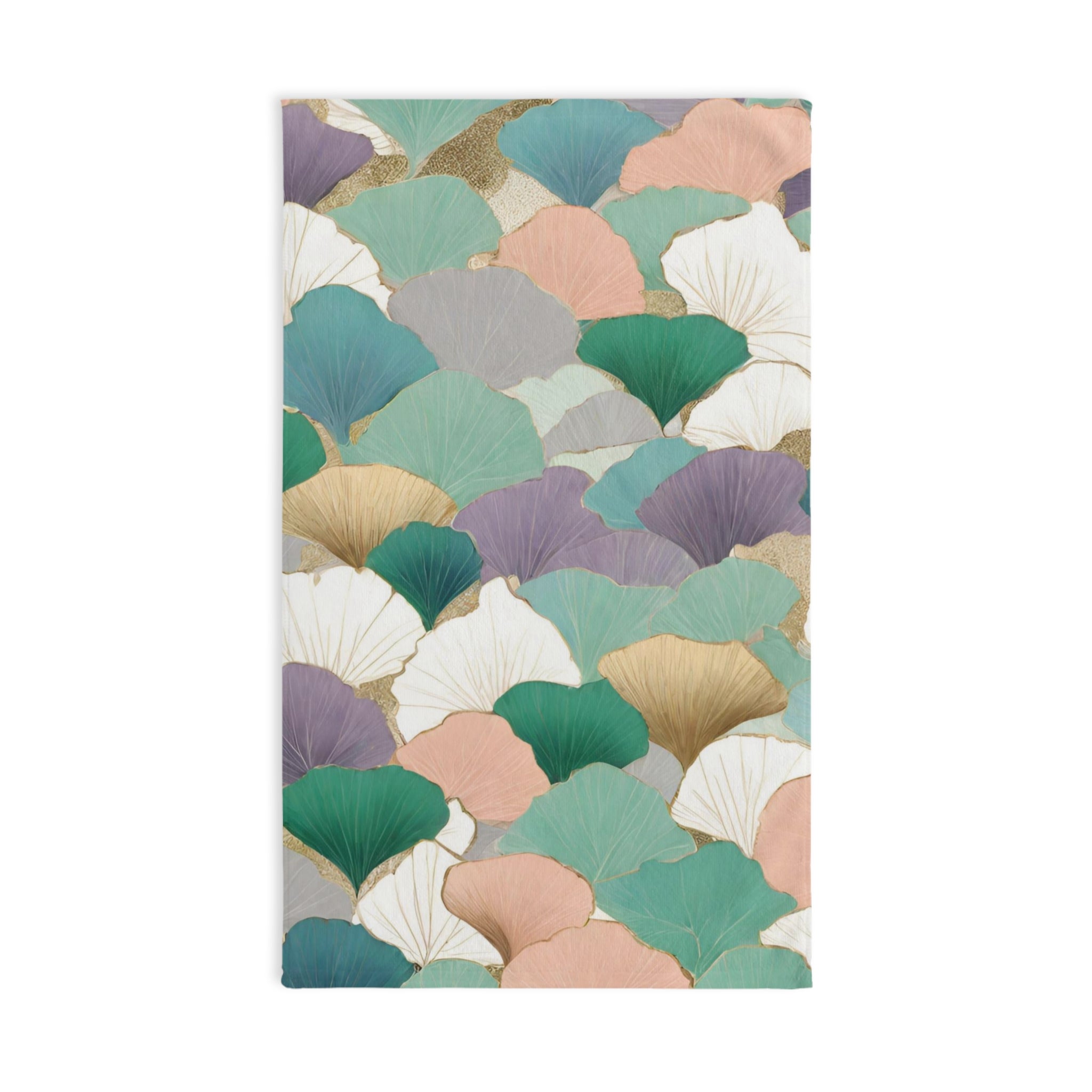 Boho Floral Kitchen, Bath Hand Towel | Teal Green Pink Gingko Leaves