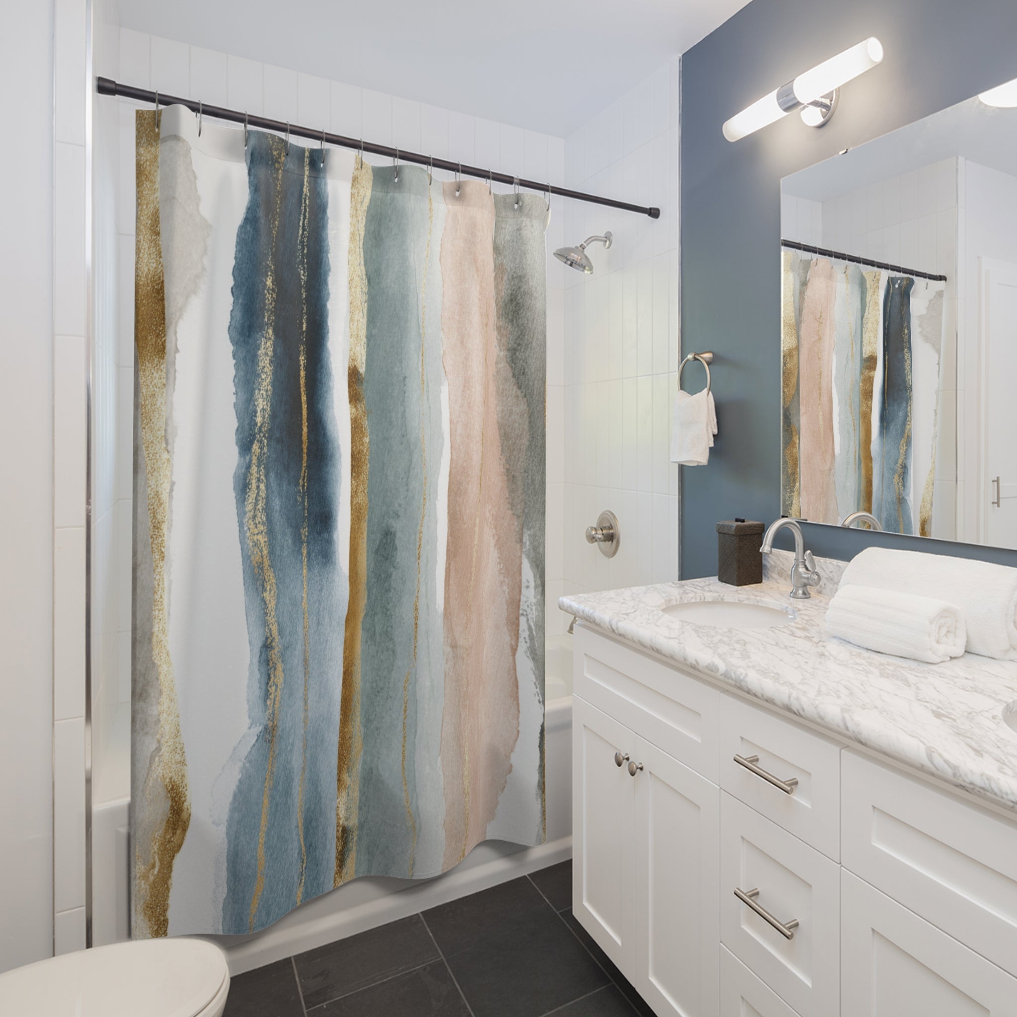 Abstract Watercolor Shower Curtain | Modern Blue & Blush Bathroom Decor