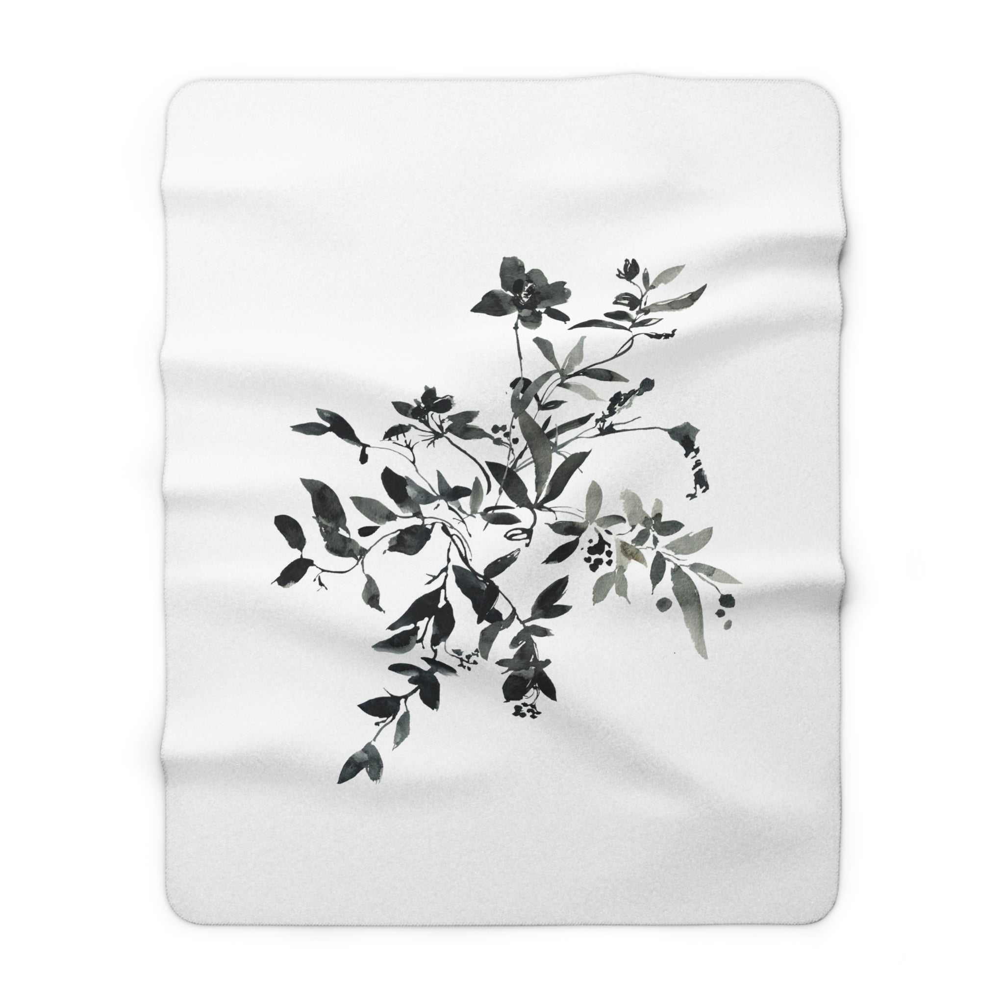 Black and White Floral Throw Blanket | Wildflowers Leaves, Watercolor