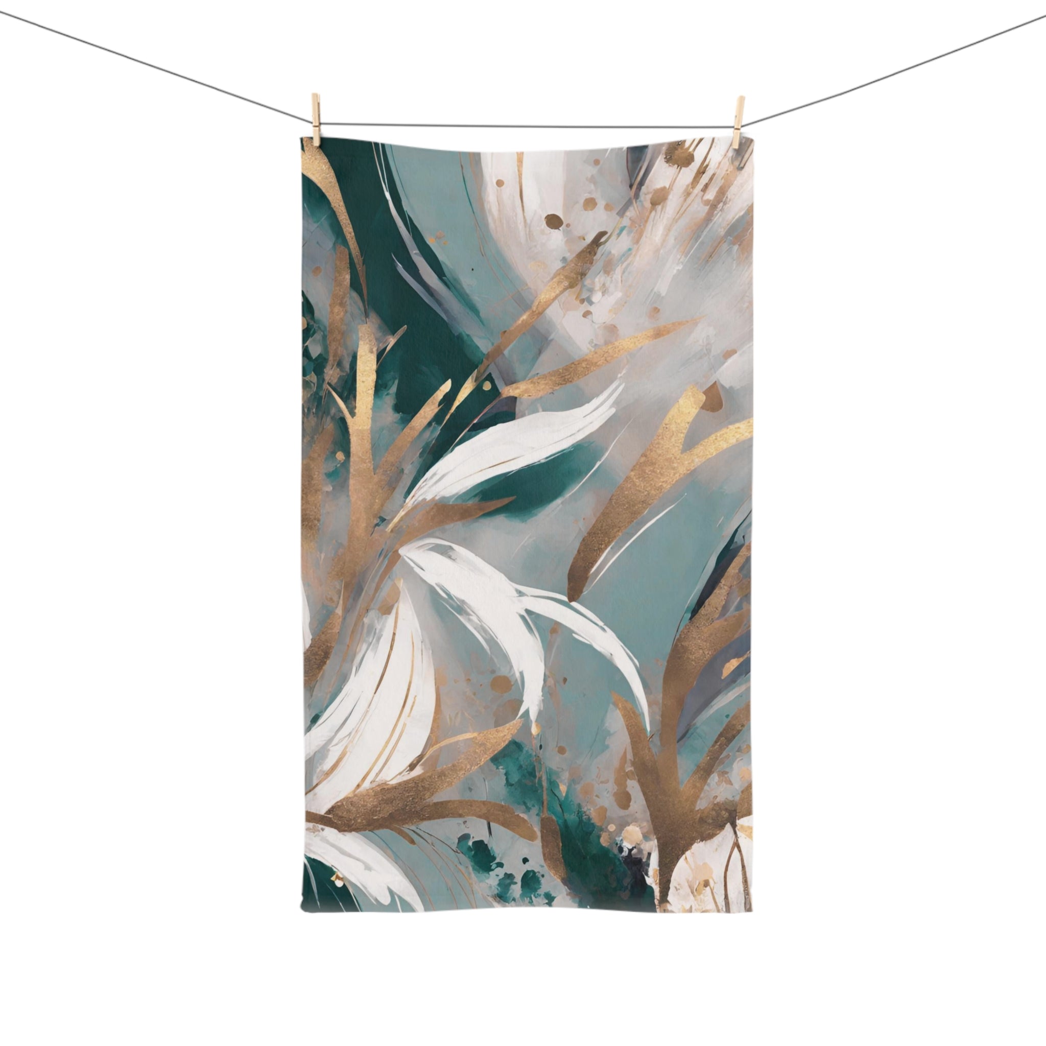 Abstract Floral Kitchen, Bath Hand Towel | Sage Green Muted Gold, Beige