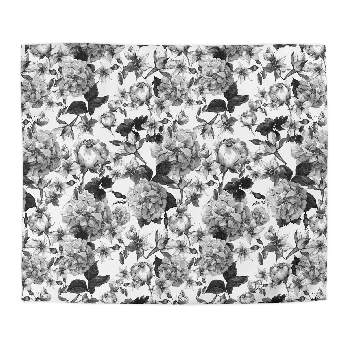 The image is a repeating pattern of various flowers and leaves in black and white.