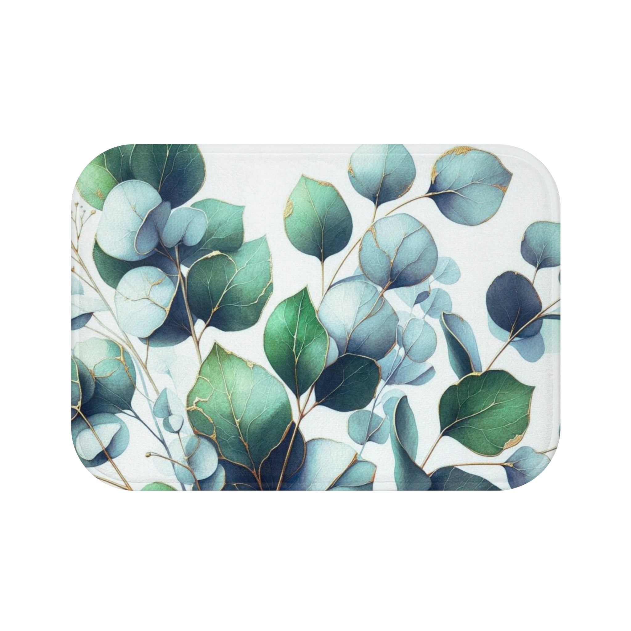 Floral Bath Mat, Kitchen Mat | Forest Green, Pale Blue Eucalyptus Leavea