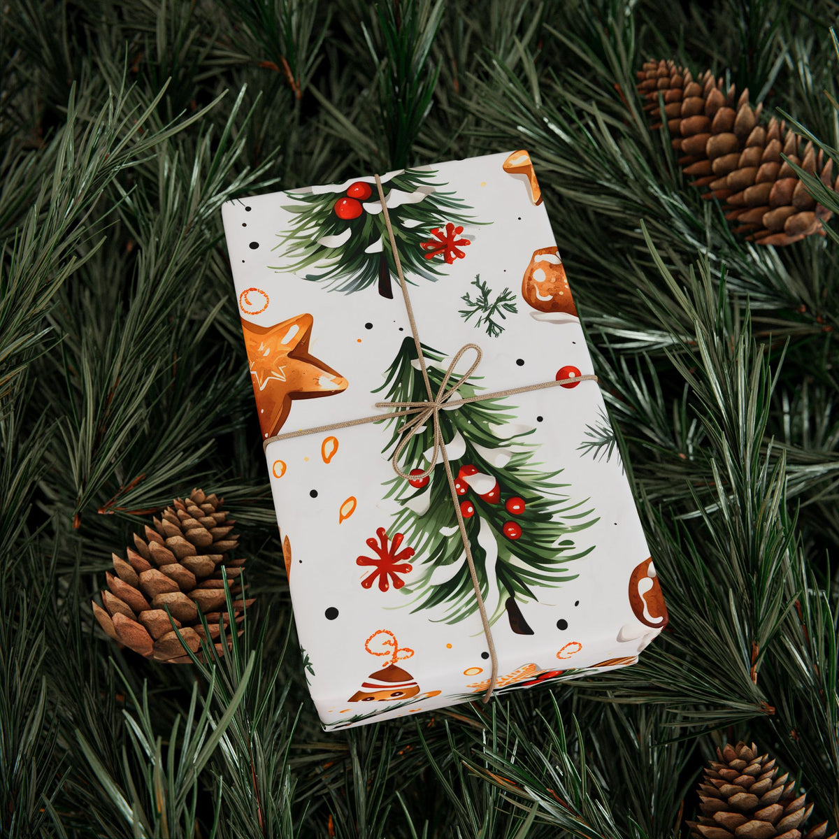 Gingerbread Star Snowy Tree Christmas Wrapping Paper, Gift Wrap