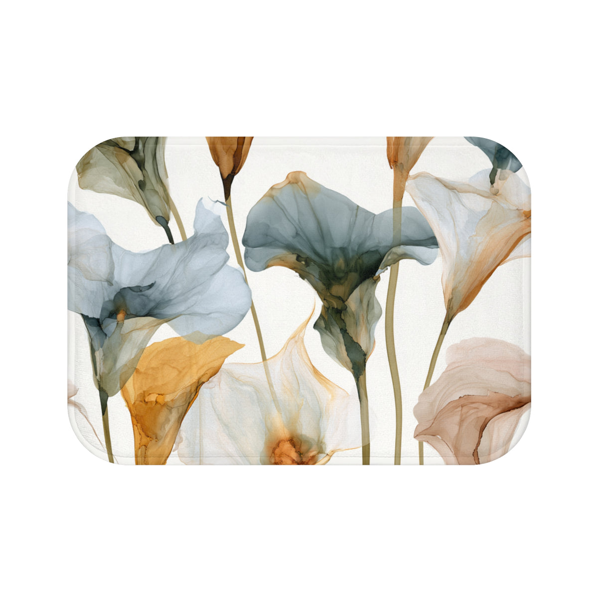 a collection of abstract floral designs, including various shades of blue, green, and orange flowers, arranged in a visually appealing manner.
