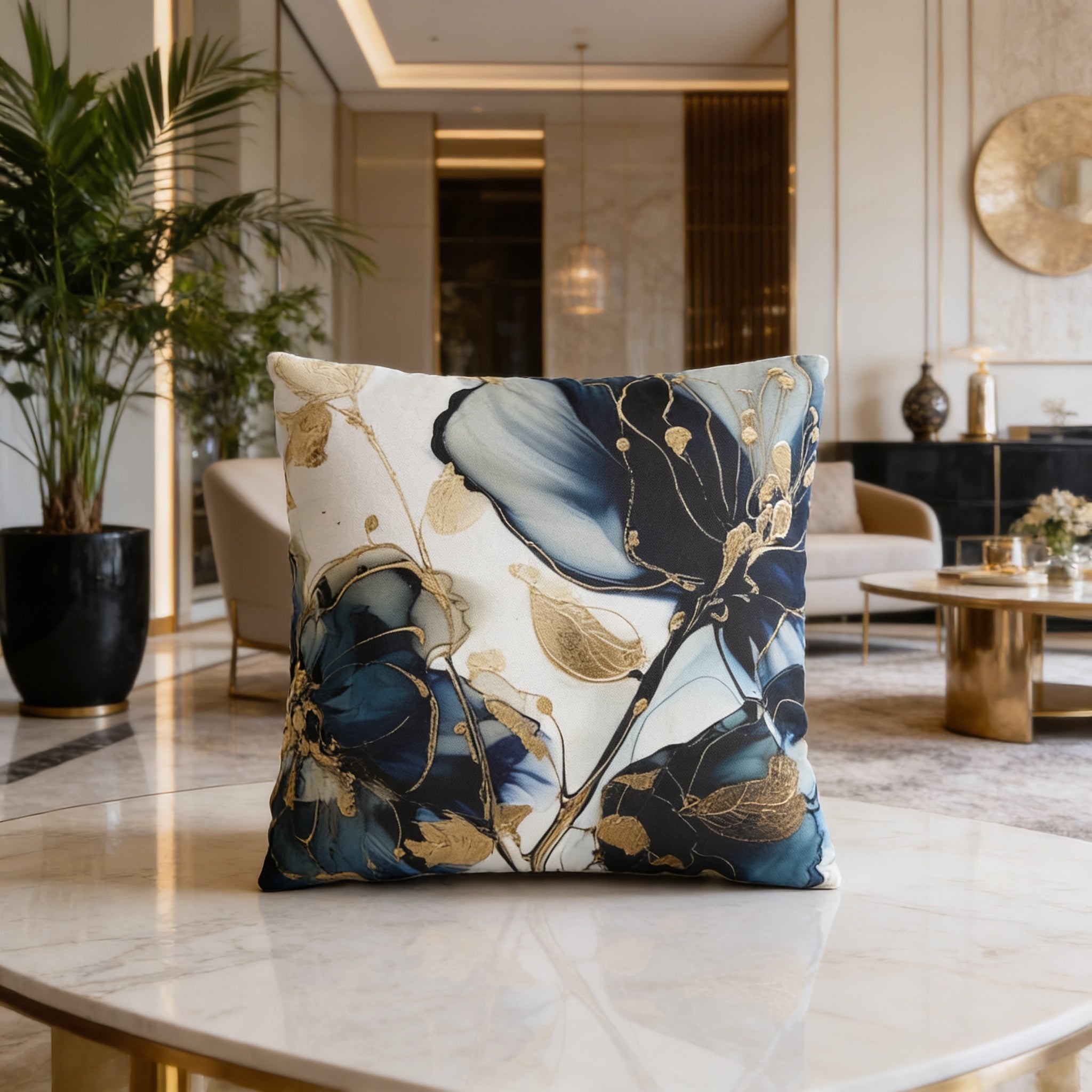 A decorative throw pillow with a floral pattern in blue and gold sits on a white marble table in a luxurious living room.