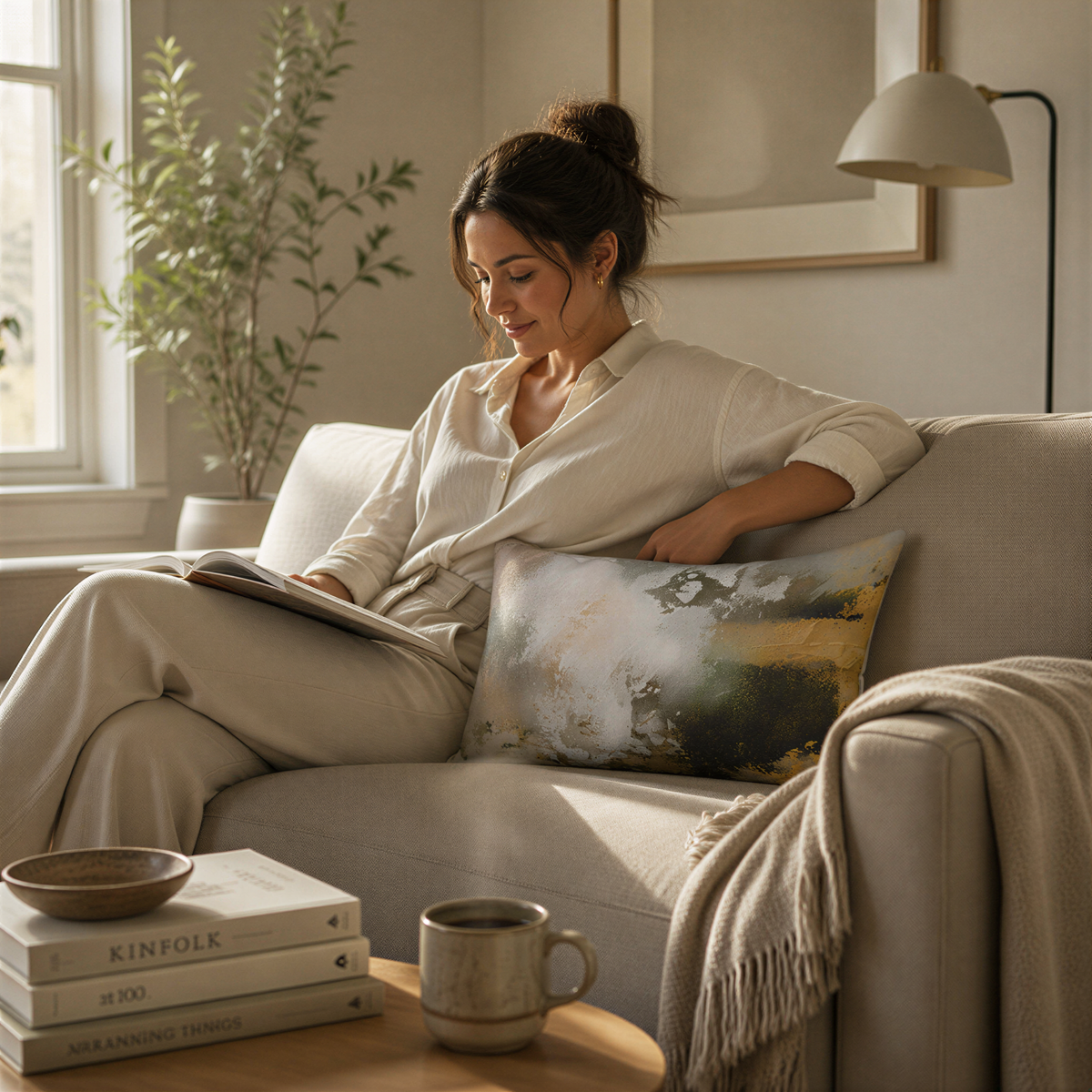 A woman is sitting on a couch, reading a book and enjoying a cup of coffee in a cozy living room with a potted plant and a lamp nearby.