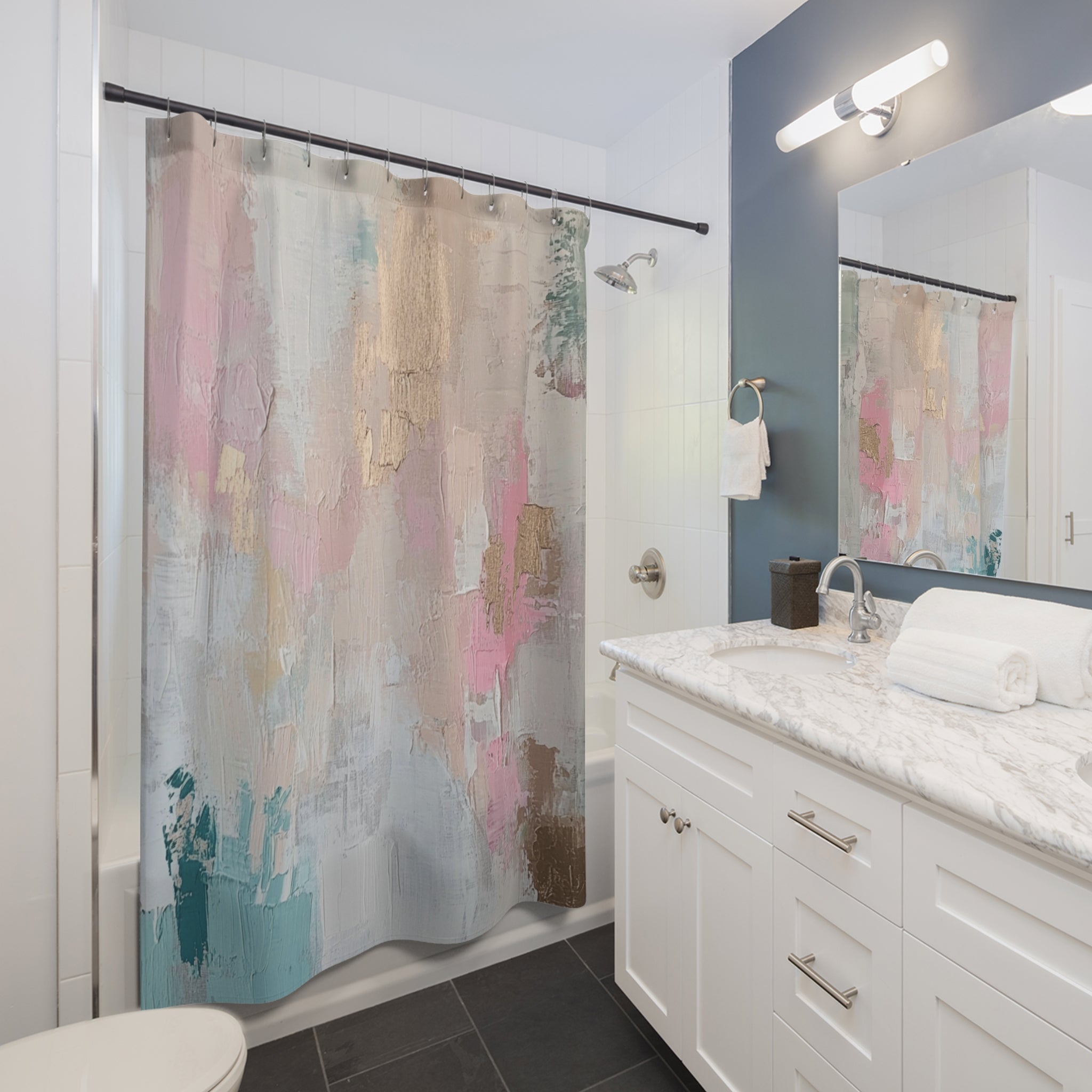 Pink Shower Curtain | Teal Blue Ombre Abstract Art