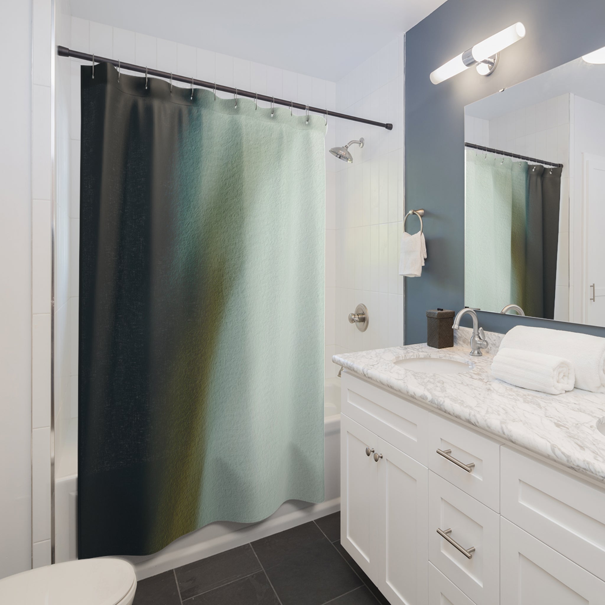 a modern bathroom with a white vanity, a shower curtain, and a mirror above the sink.