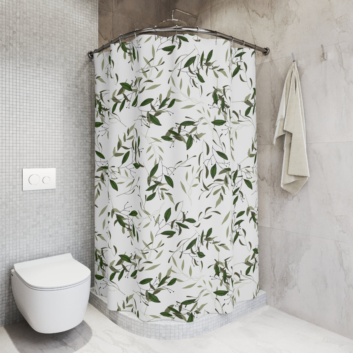 a bathroom with a shower curtain featuring a green leaf pattern, a white toilet, and a towel hanging on the wall.