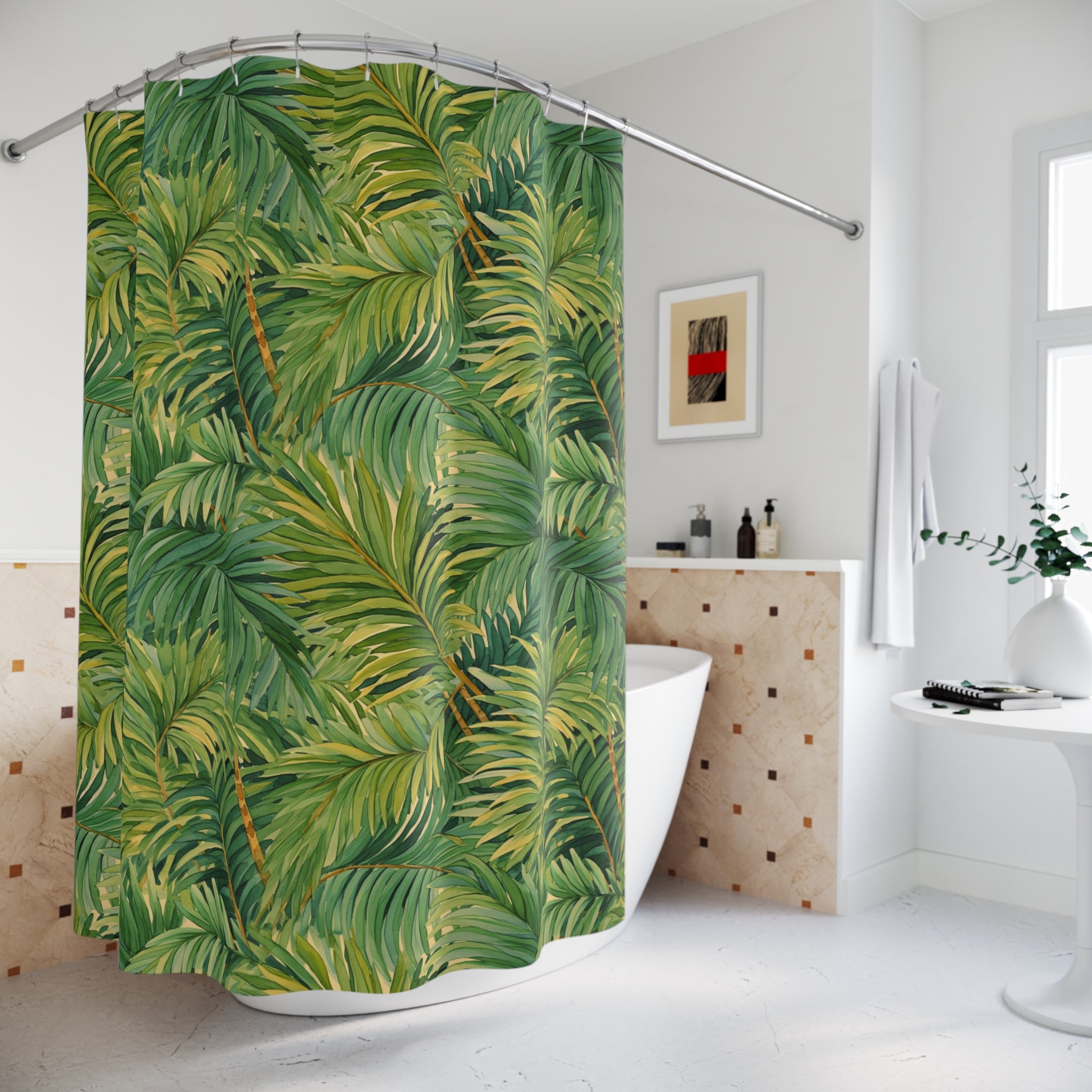 Jungle Floral Shower Curtain | Sage Green, Palm Leaves