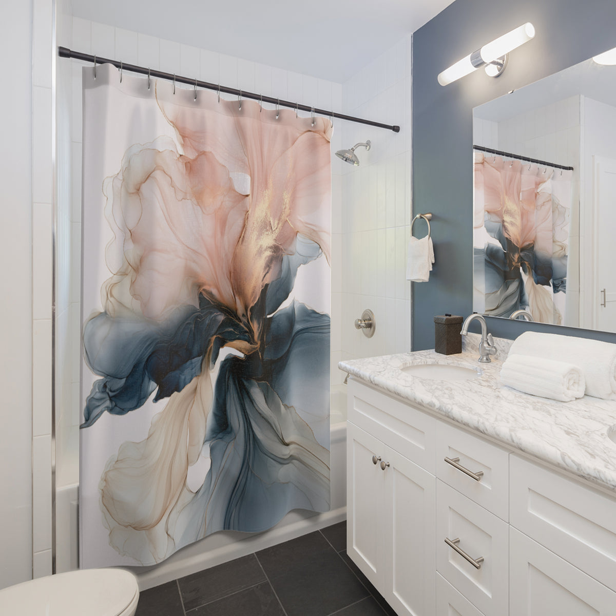 a modern bathroom with a white vanity, a large floral shower curtain, and a marble countertop.