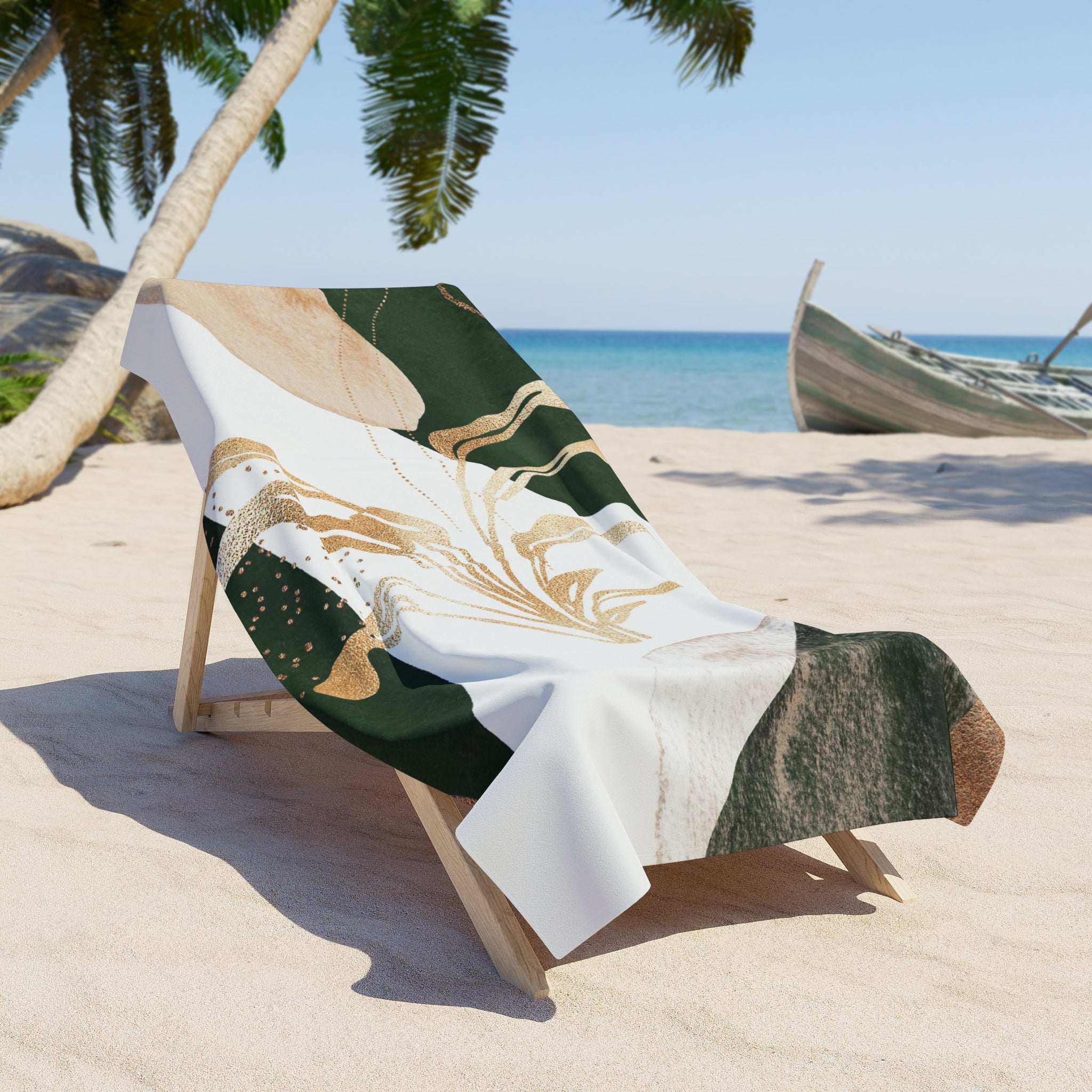 Floral Boho Bath Beach Towel | White Dark Green, Beige Gold