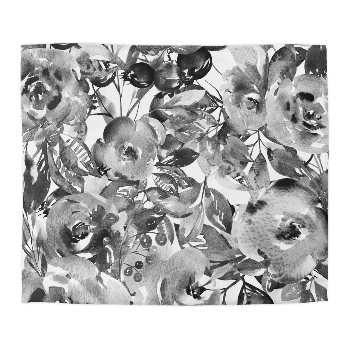 The image is a black and white collage featuring a variety of flowers and leaves in different shapes and sizes, creating a visually striking and intricate pattern.