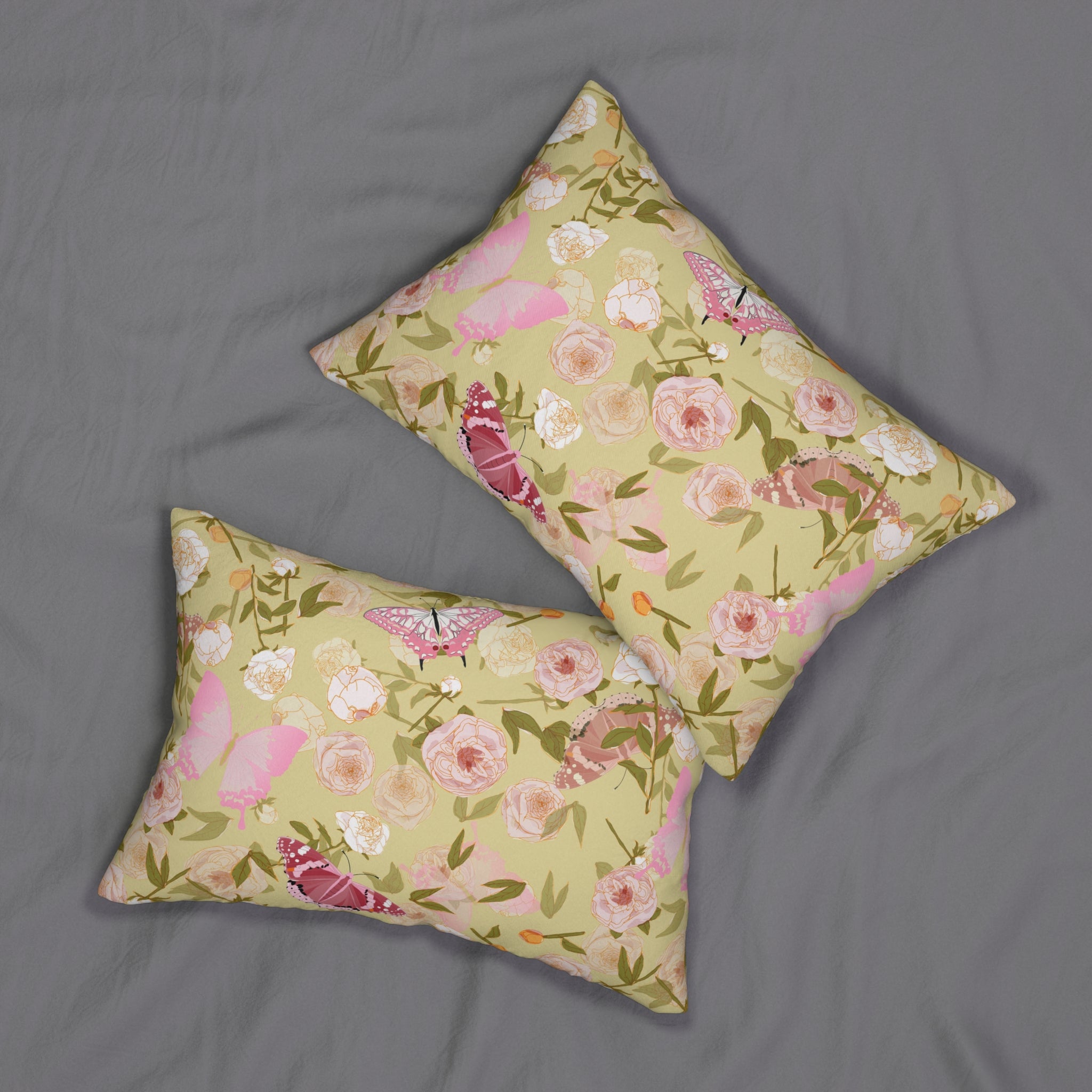 Floral Lumbar Pillow | Khaki Green, Pink Colorful Butterflies